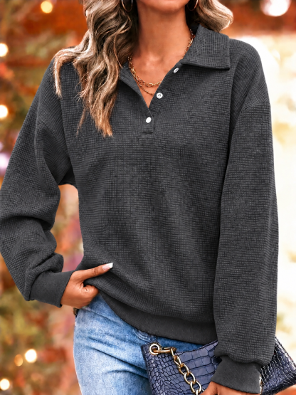 CHRISTMAS SALE🎄Women's Waffle Knit Lapel Collar Button Sweatshirt