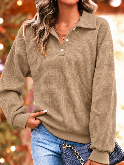 CHRISTMAS SALE🎄Women's Waffle Knit Lapel Collar Button Sweatshirt