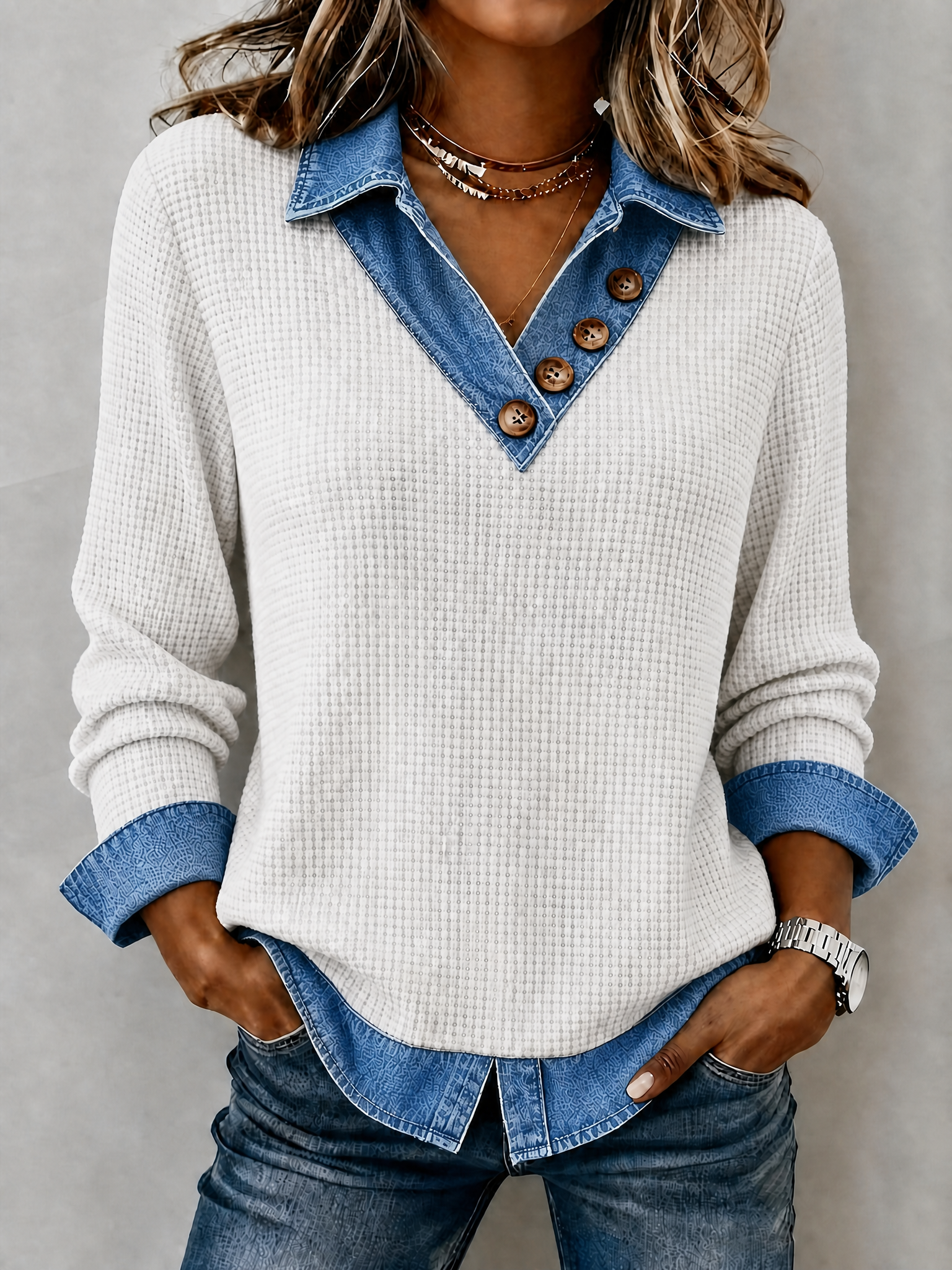 CLEARANCE SALE🔥Women's Denim Patchwork V-Neck Waffle Knit Top
