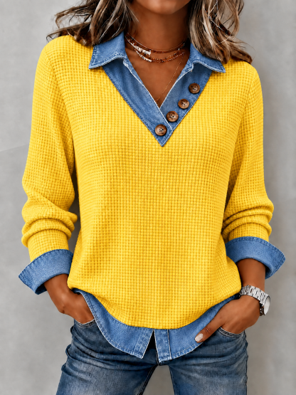 CLEARANCE SALE🔥Women's Denim Patchwork V-Neck Waffle Knit Top