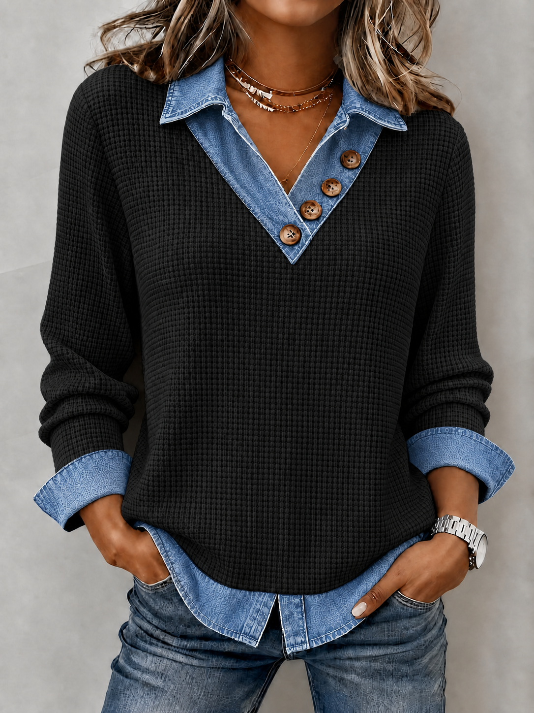 CLEARANCE SALE🔥Women's Denim Patchwork V-Neck Waffle Knit Top