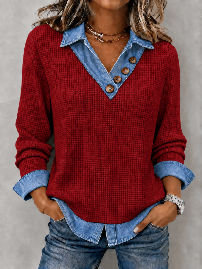 CLEARANCE SALE🔥Women's Denim Patchwork V-Neck Waffle Knit Top