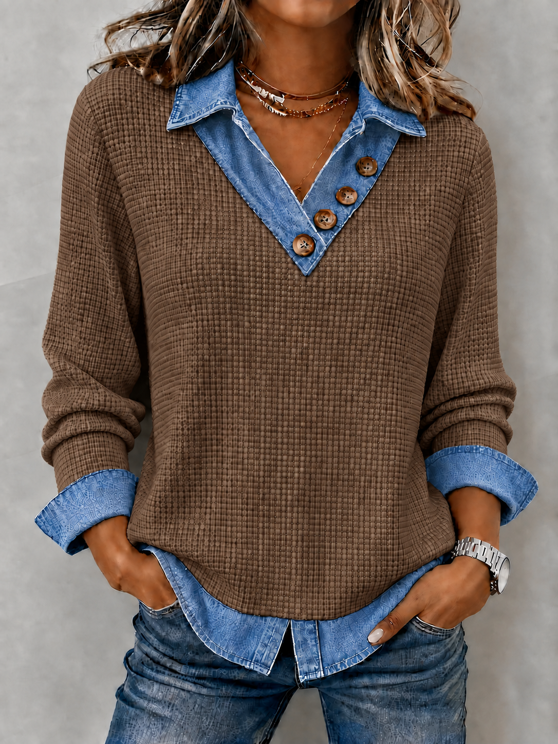 CLEARANCE SALE🔥Women's Denim Patchwork V-Neck Waffle Knit Top