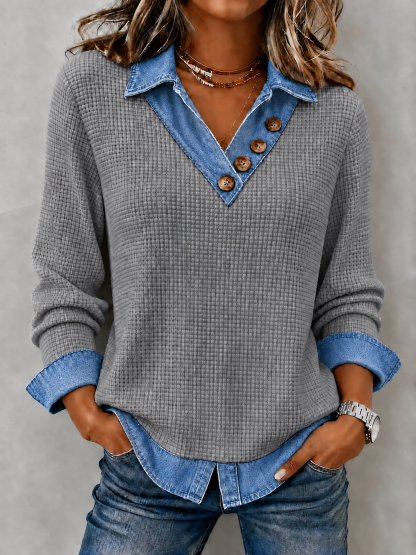CLEARANCE SALE🔥Women's Denim Patchwork V-Neck Waffle Knit Top