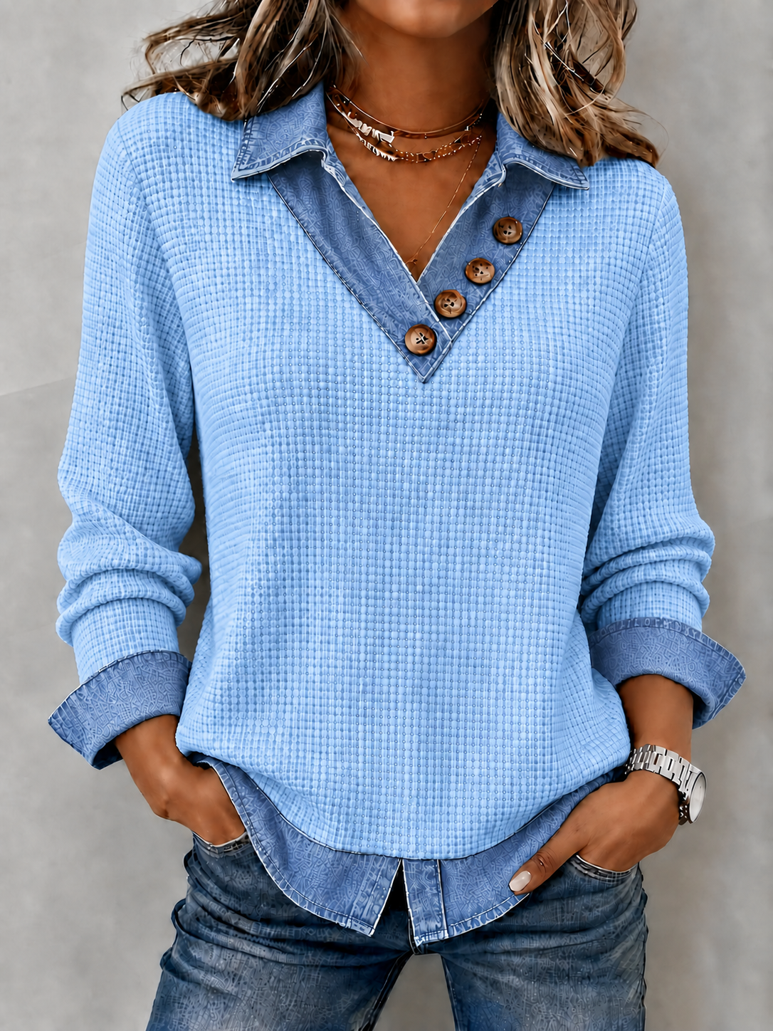 CLEARANCE SALE🔥Women's Denim Patchwork V-Neck Waffle Knit Top