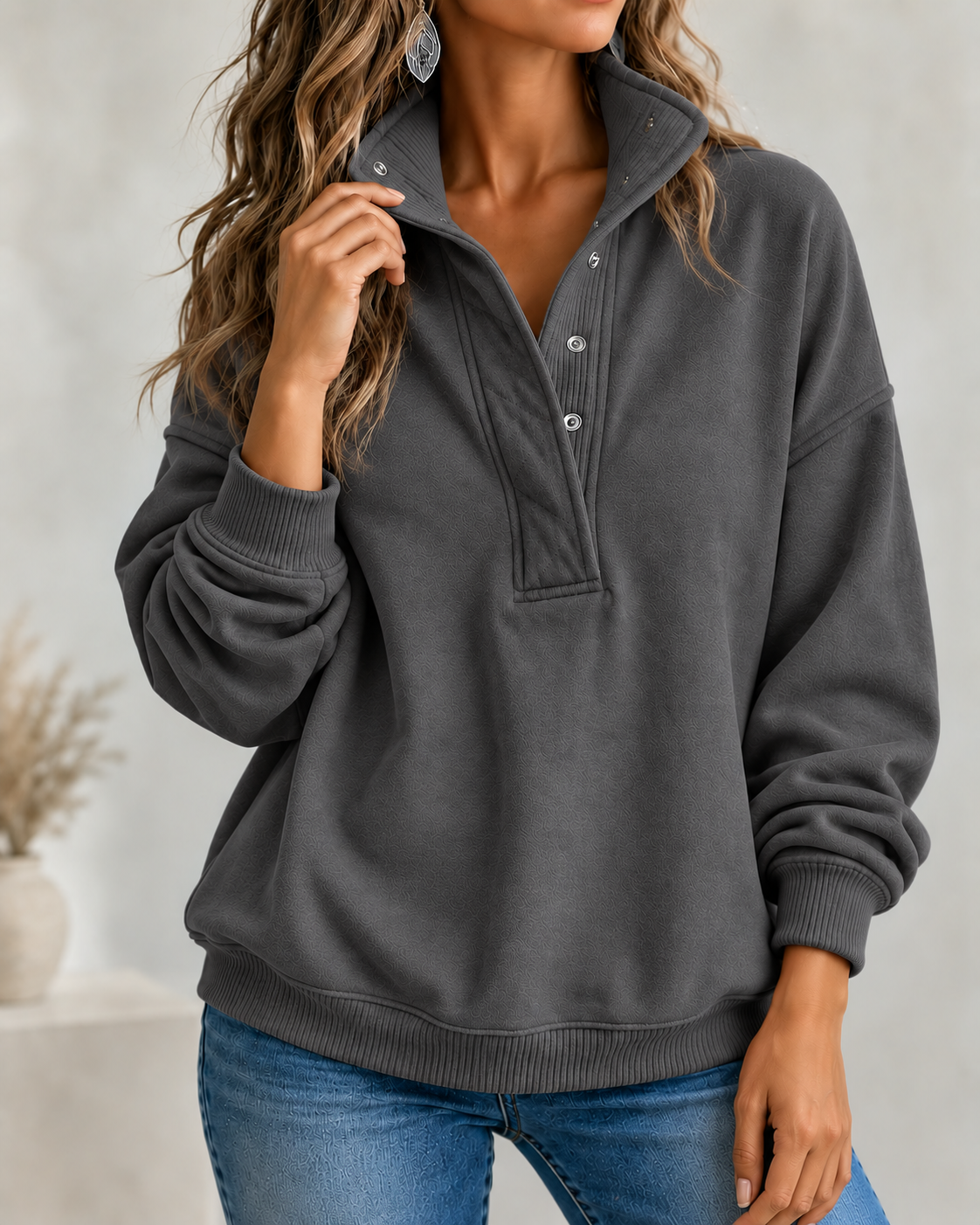CLEARANCE SALE🔥Women's Loose Fit Henley Button Sweatshirt