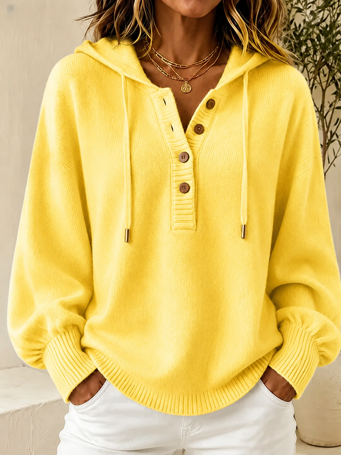 Women's Hooded Knit Sweater – Button Detail Soft Pullover Casual Jumper