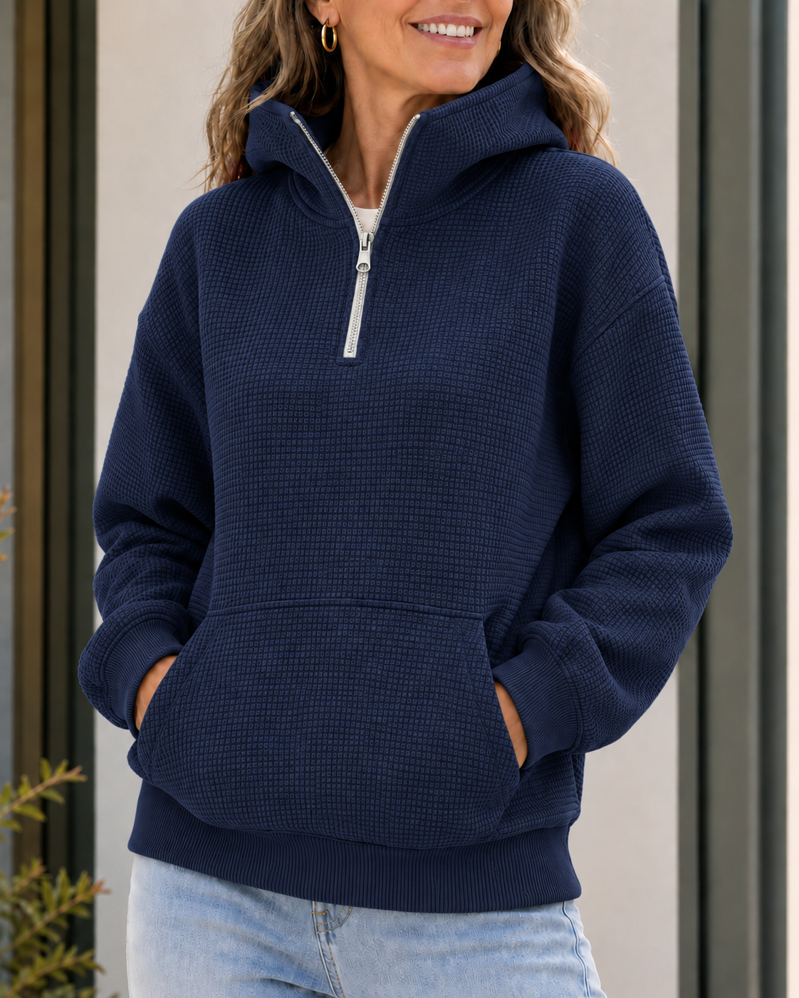 Clearance Sale 🔥 Women's Waffle-Knit Half-Zip Mock Neck Hoodie with Pockets