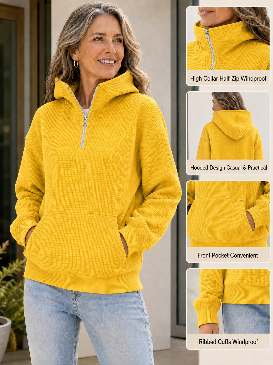 Clearance Sale 🔥 Women's Waffle-Knit Half-Zip Mock Neck Hoodie with Pockets