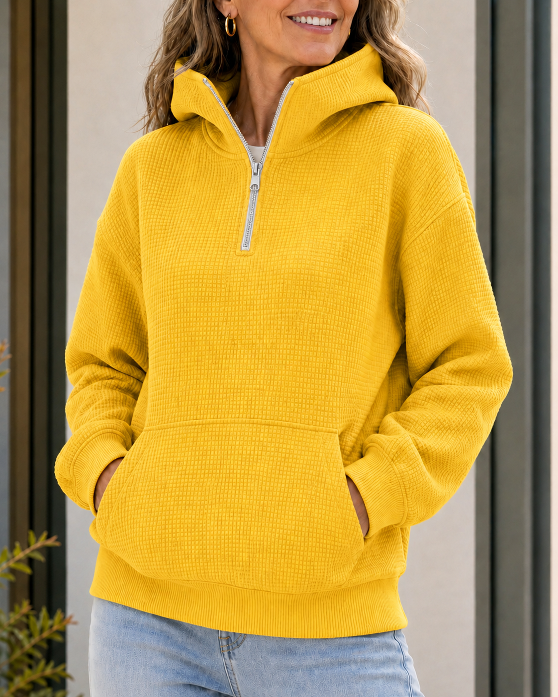 Clearance Sale 🔥 Women's Waffle-Knit Half-Zip Mock Neck Hoodie with Pockets