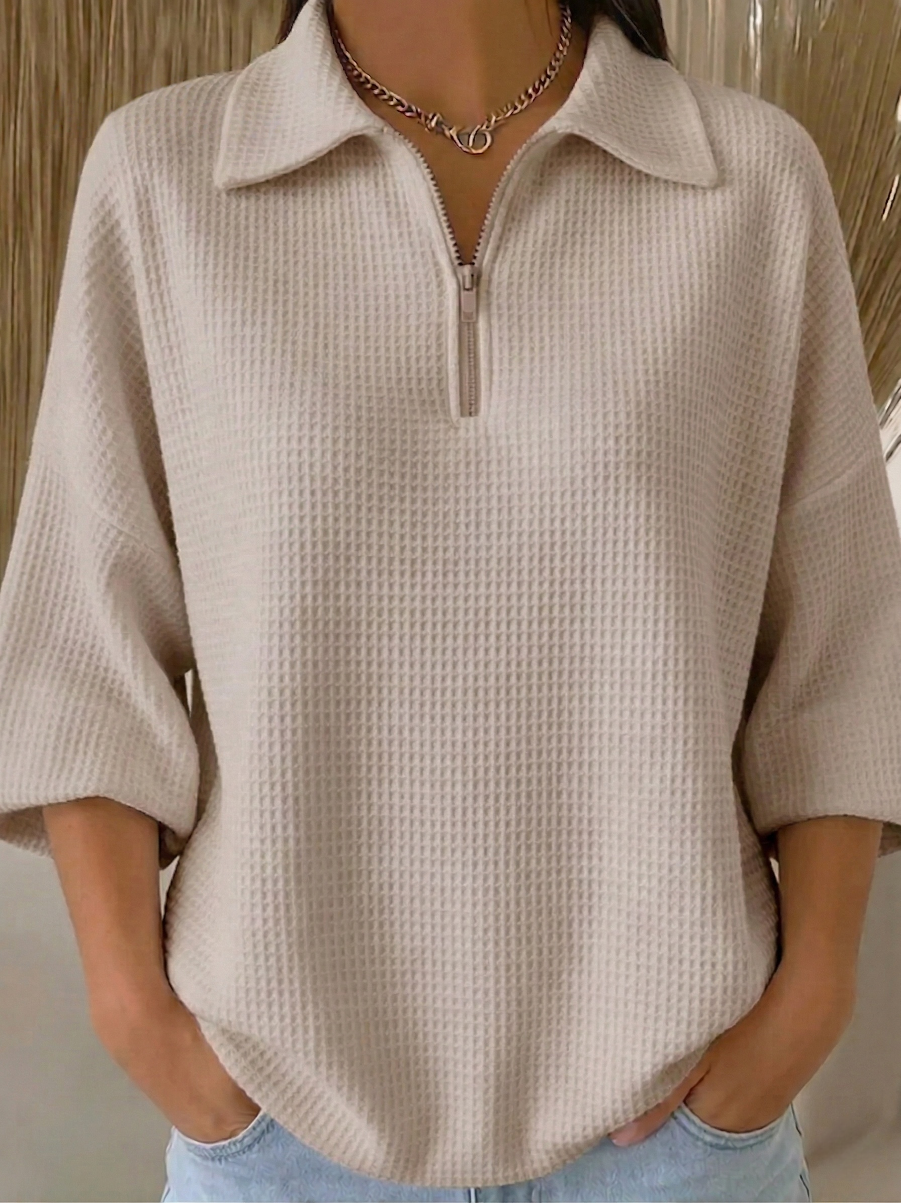 New Arrivals🔥 Women's Casual Polo Zipper 4/3 Sleeves Waffle-knit T-shirt