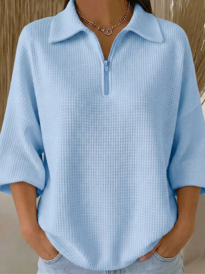 New Arrivals🔥 Women's Casual Polo Zipper 4/3 Sleeves Waffle-knit T-shirt