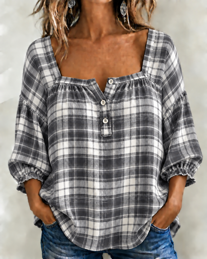 🎄Today 50% OFF🎄Women's Relaxed Fit Square-Neck Scotch Plaid Flannel Top