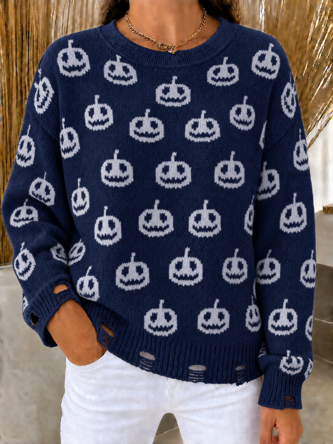 HALLOWEEN SALE🎃Women's Halloween Pumpkin Print Loose Fit Knit Sweater