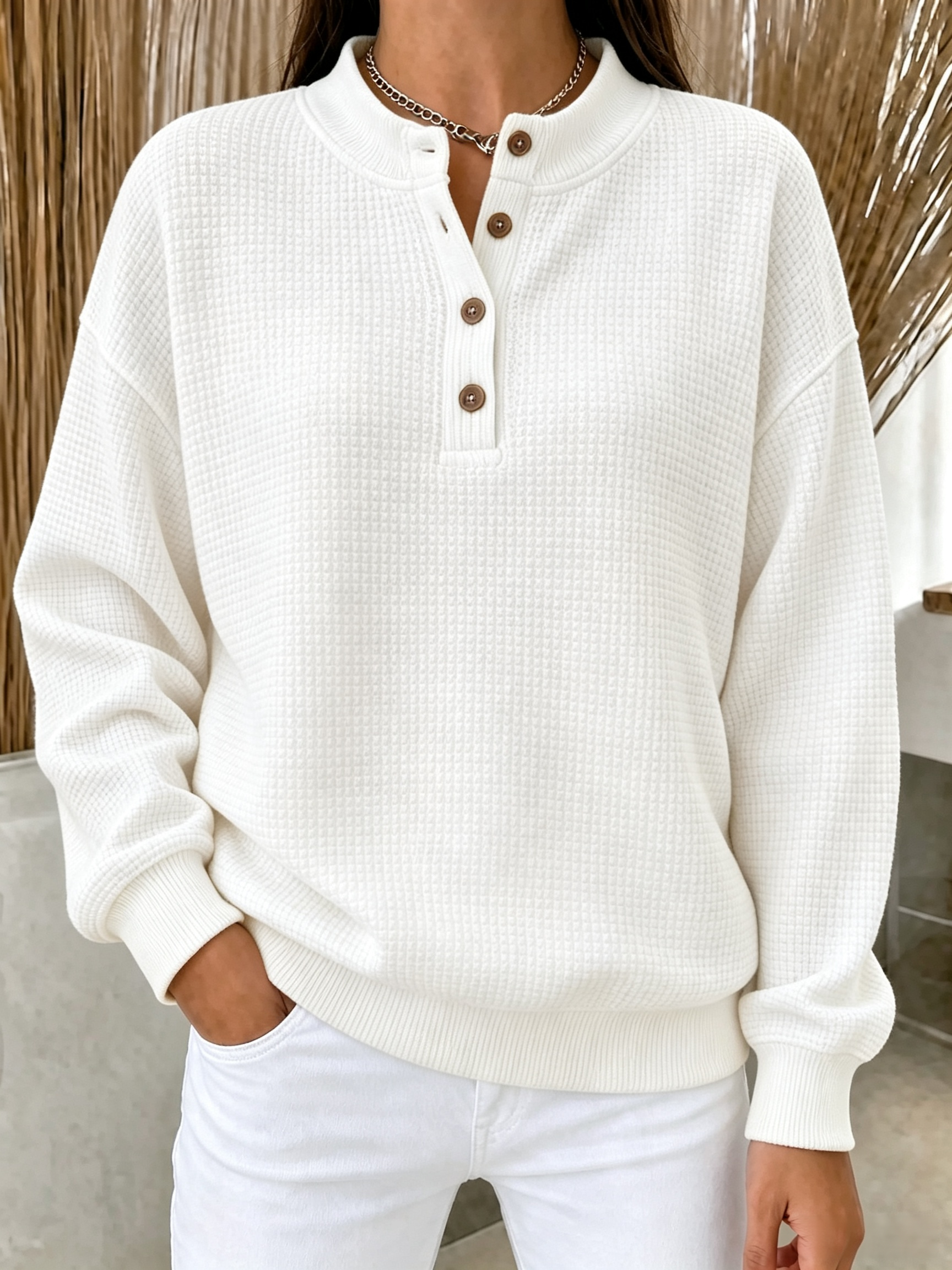 [Copy]New Arrival🔥 Women’s Waffle Knit Button Neck Pullover