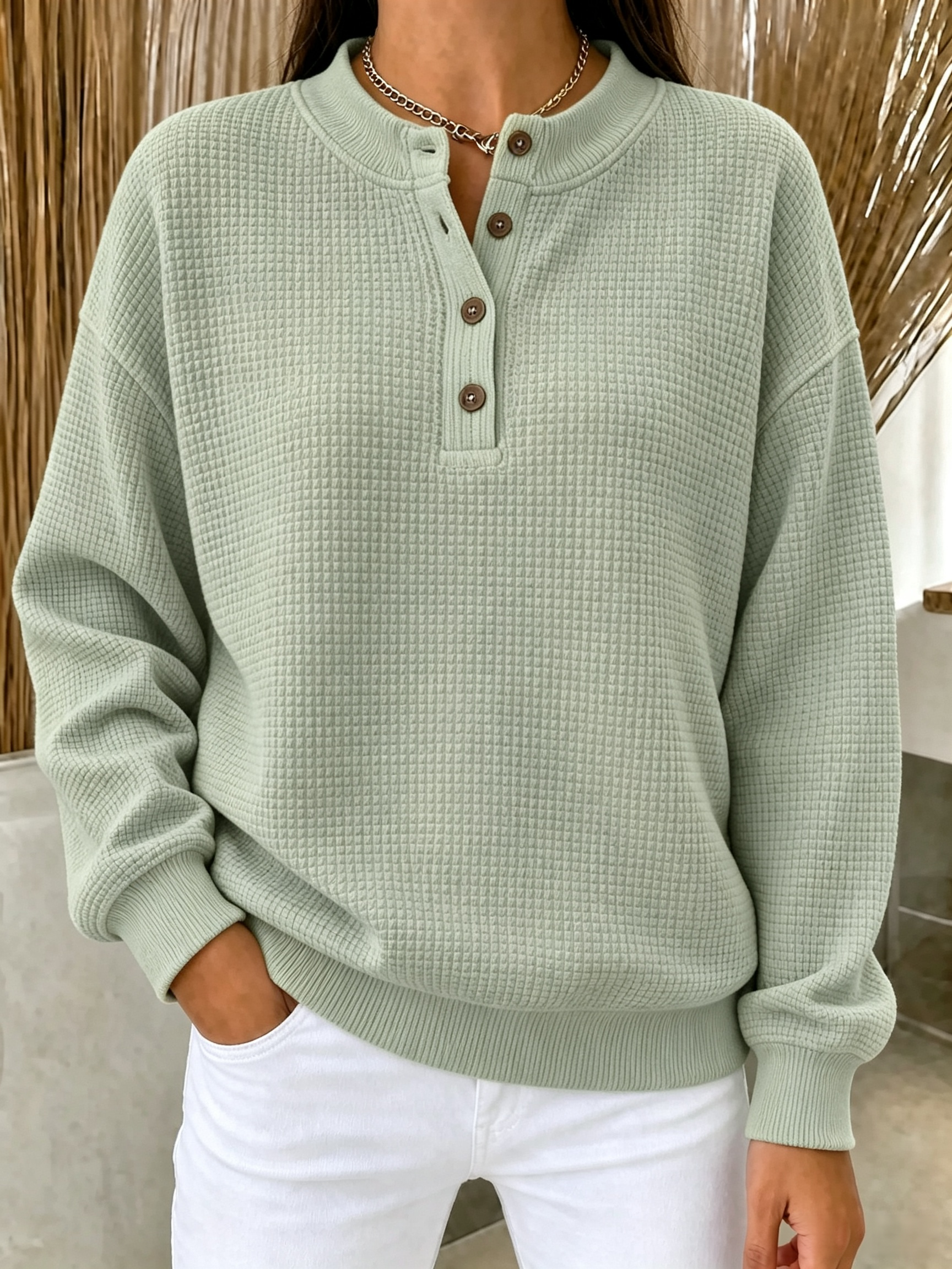 [Copy]New Arrival🔥 Women’s Waffle Knit Button Neck Pullover