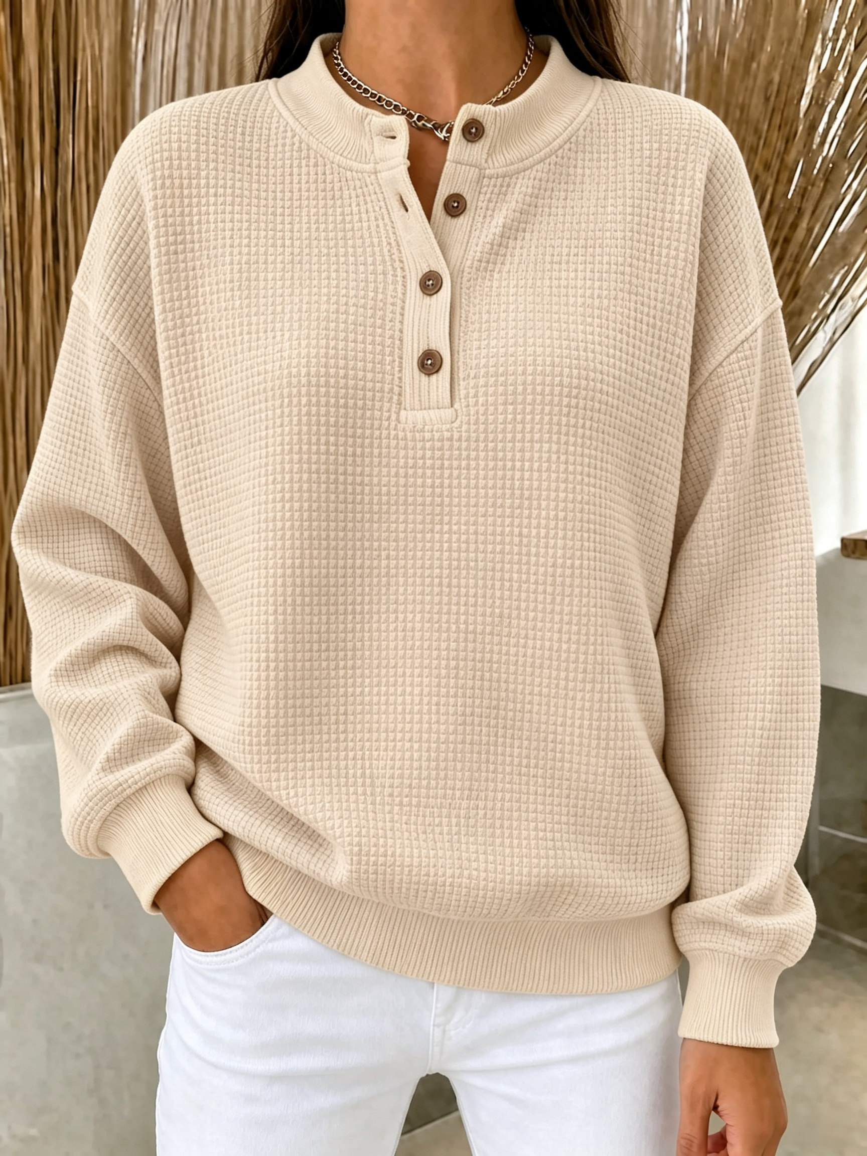 [Copy]New Arrival🔥 Women’s Waffle Knit Button Neck Pullover