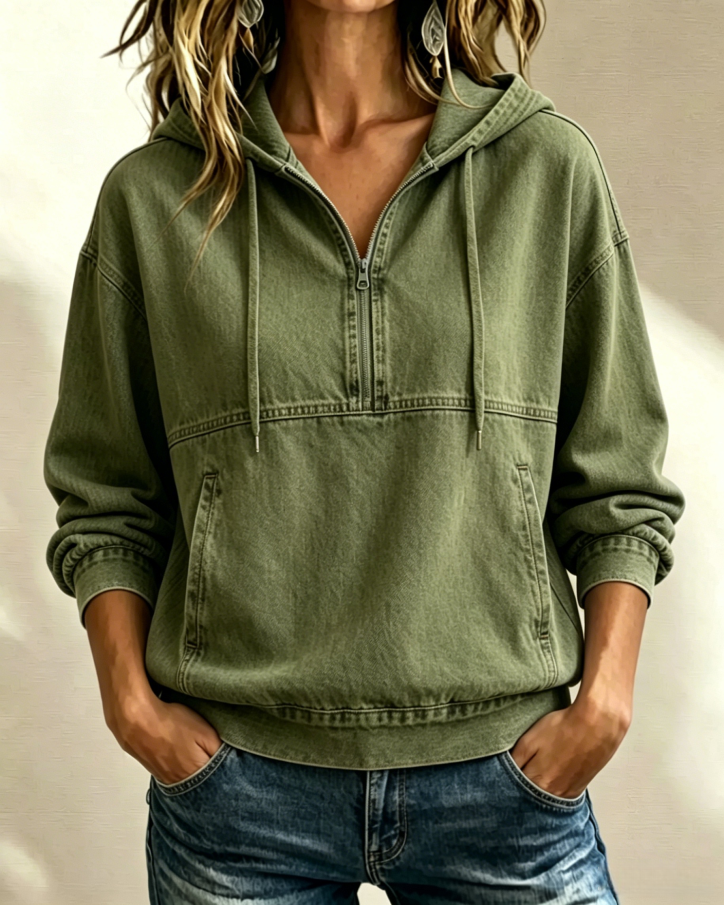 NEW 🔥 Women's Oversized Denim Drawstring Sweatshirt