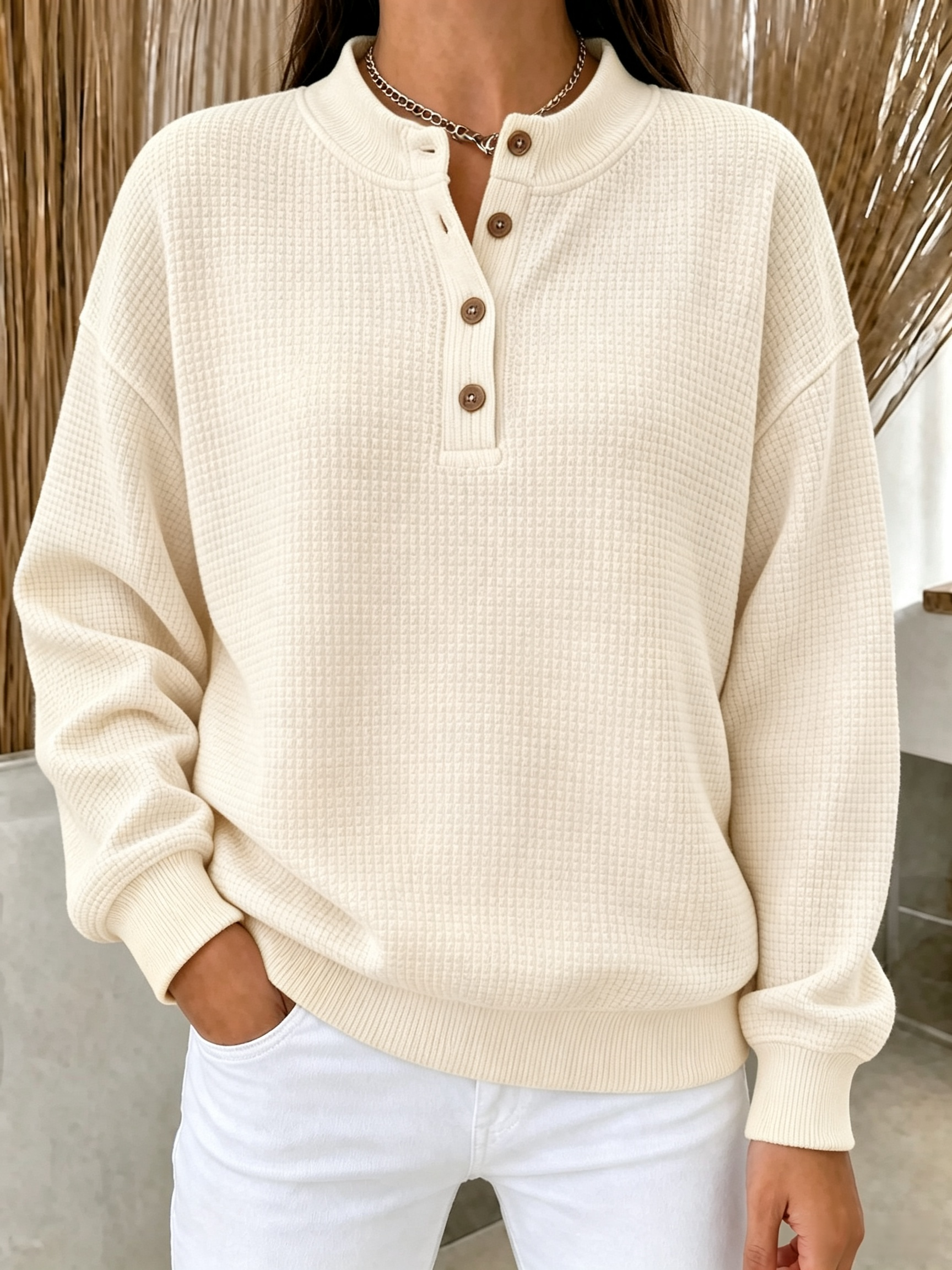 [Copy]New Arrival🔥 Women’s Waffle Knit Button Neck Pullover