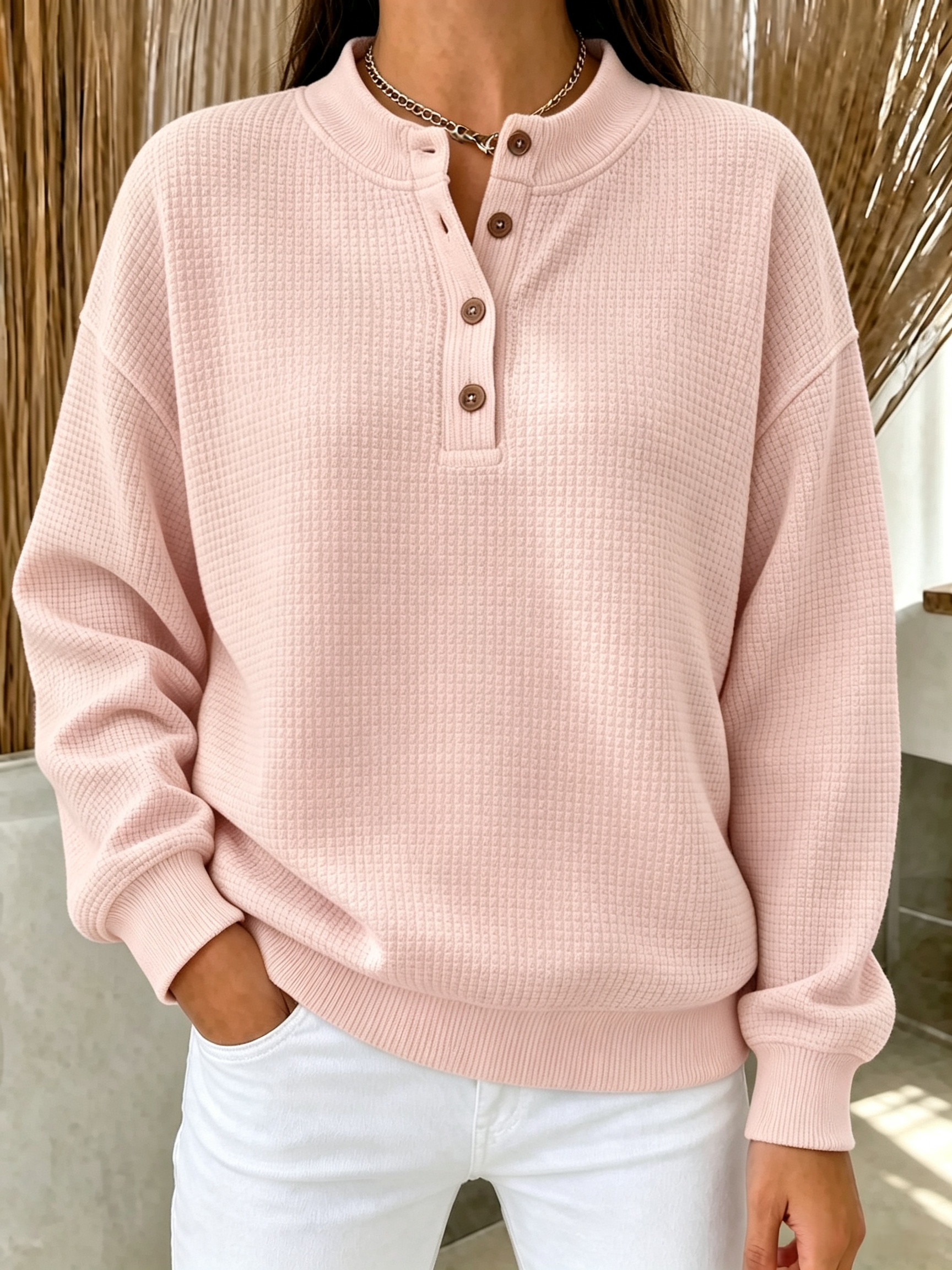 [Copy]New Arrival🔥 Women’s Waffle Knit Button Neck Pullover