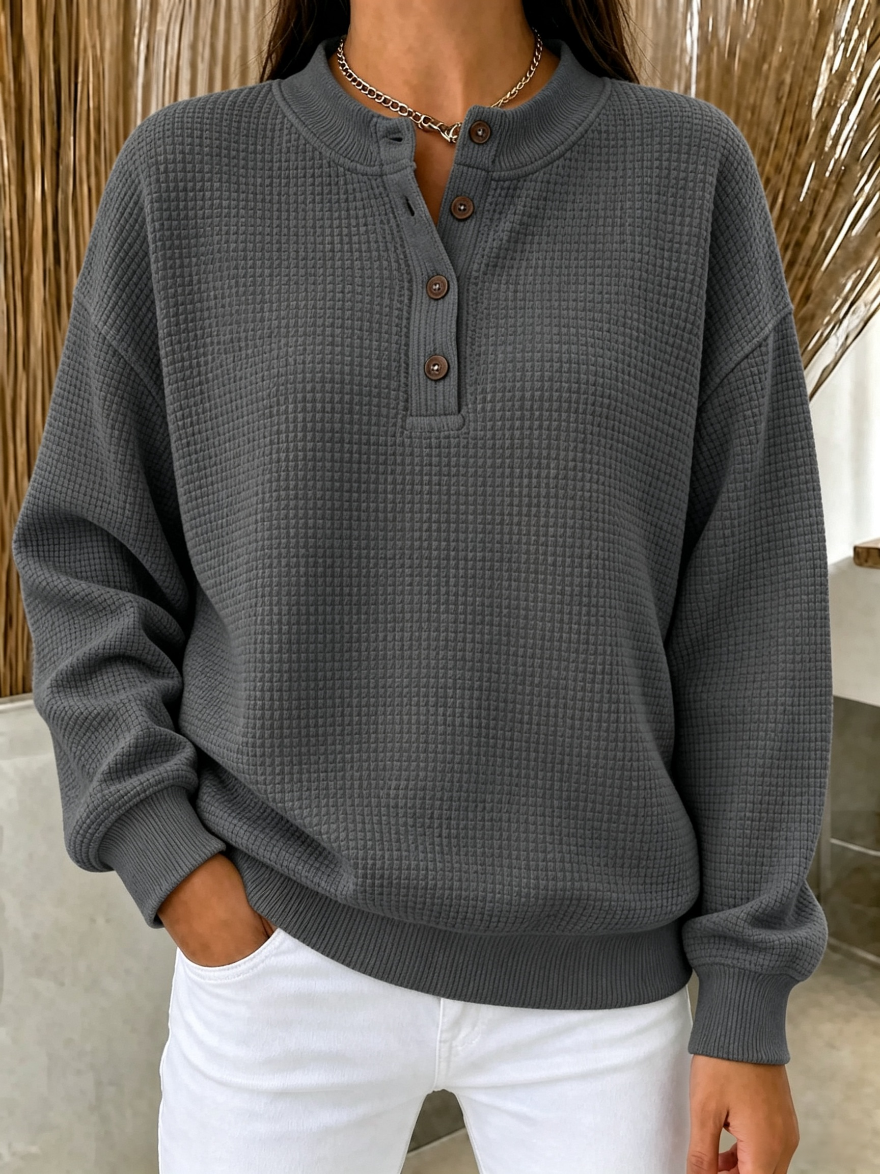 [Copy]New Arrival🔥 Women’s Waffle Knit Button Neck Pullover