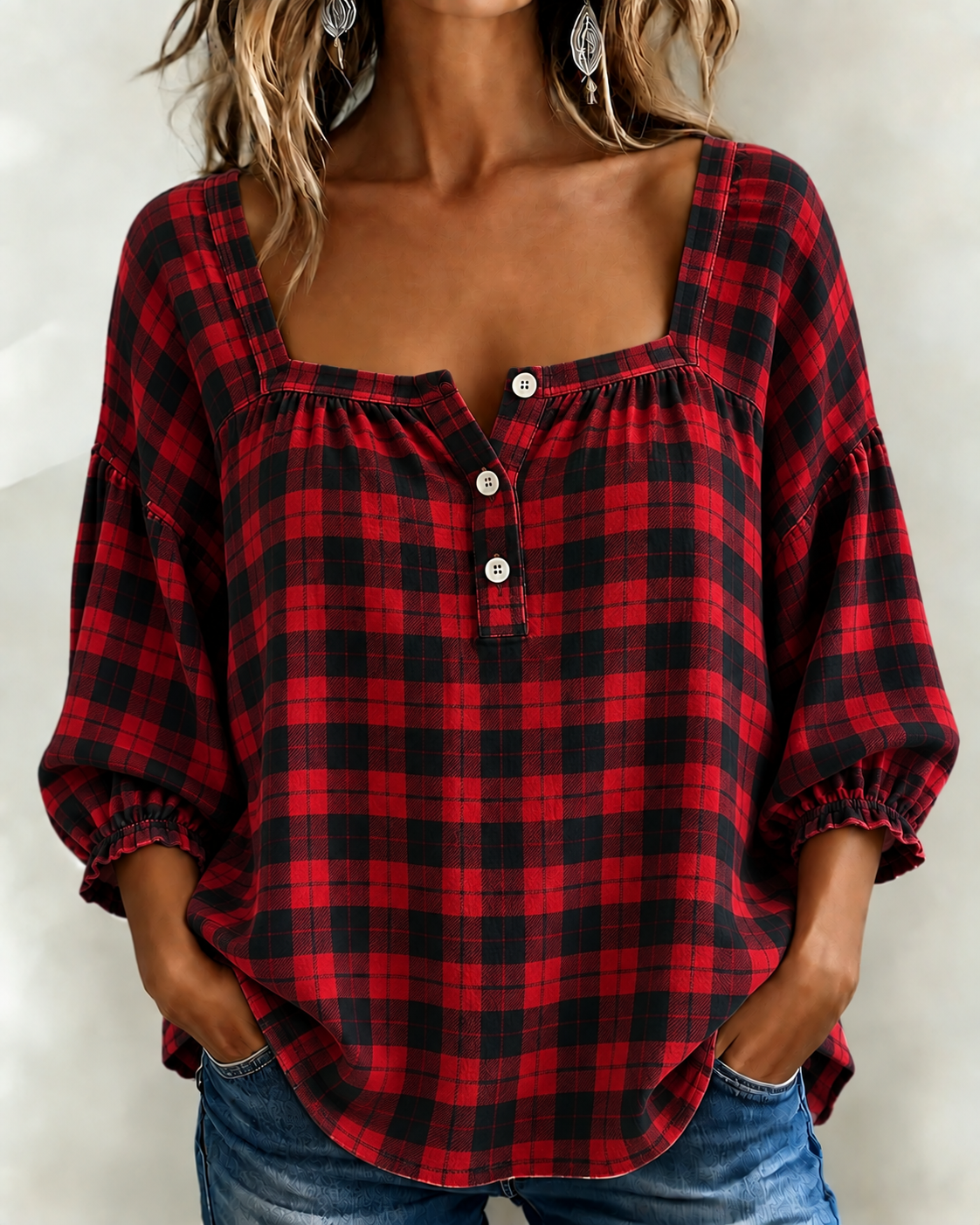 🎄Today 50% OFF🎄Women's Relaxed Fit Square-Neck Scotch Plaid Flannel Top