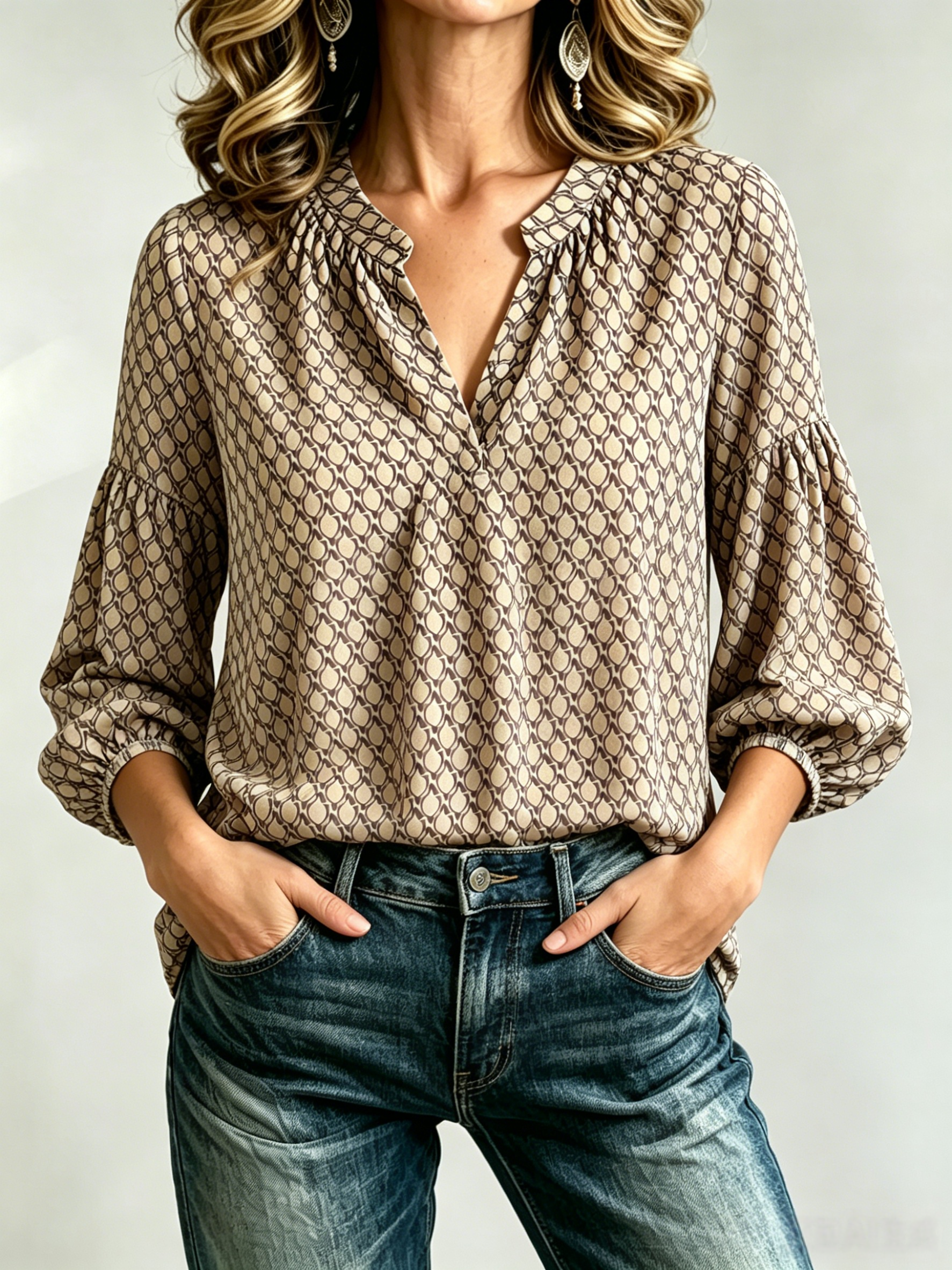 🔥CLEARANCE SALE🔥Women's Casual Geometric Print Blouse with V-Neck and Lantern Sleeves