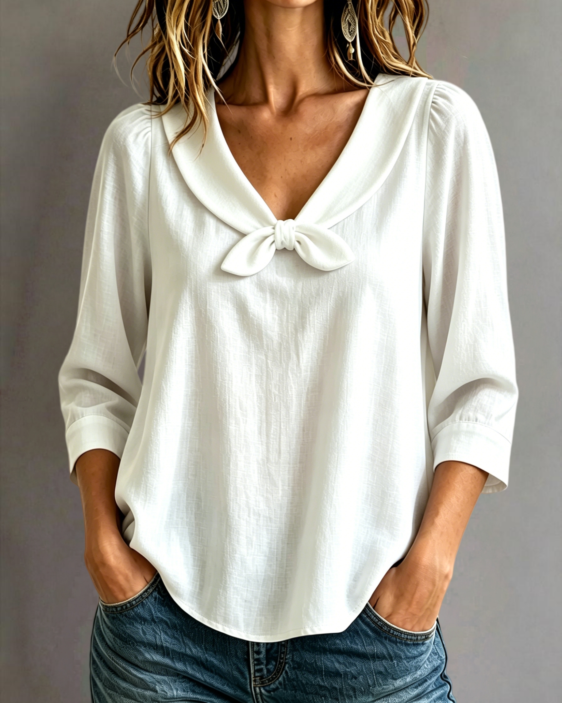 New Arrival 🔥 Women’s Cotton-Linen Bow-Tie Neck Three-Quarter Sleeve Top