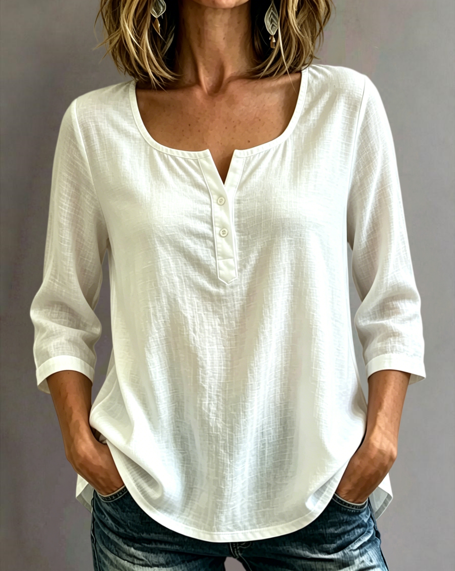 🔥CLEARANCE SALE🔥Women’s Cotton-Linen Split-Neck Three-Quarter Sleeve Top