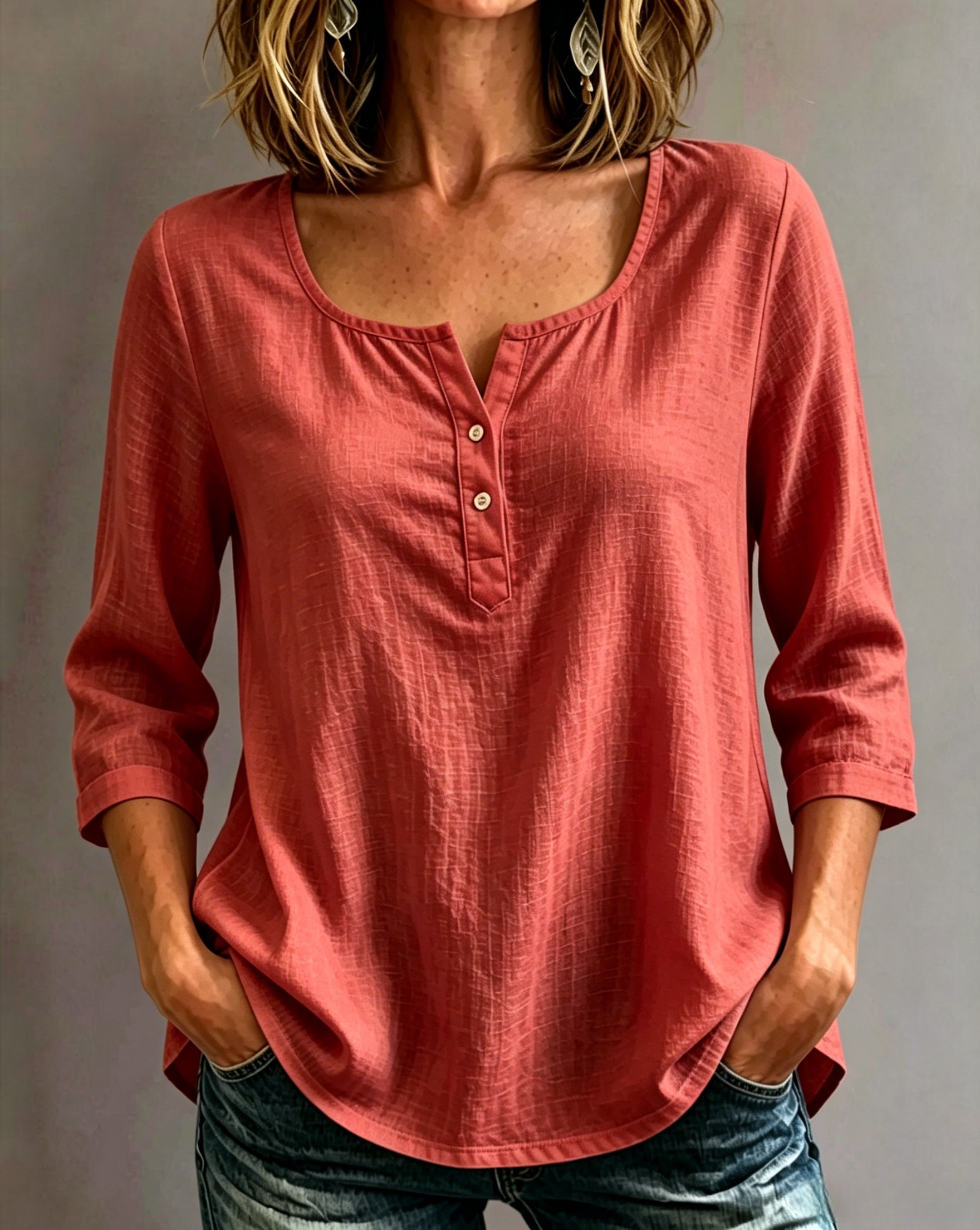 🔥CLEARANCE SALE🔥Women’s Cotton-Linen Split-Neck Three-Quarter Sleeve Top