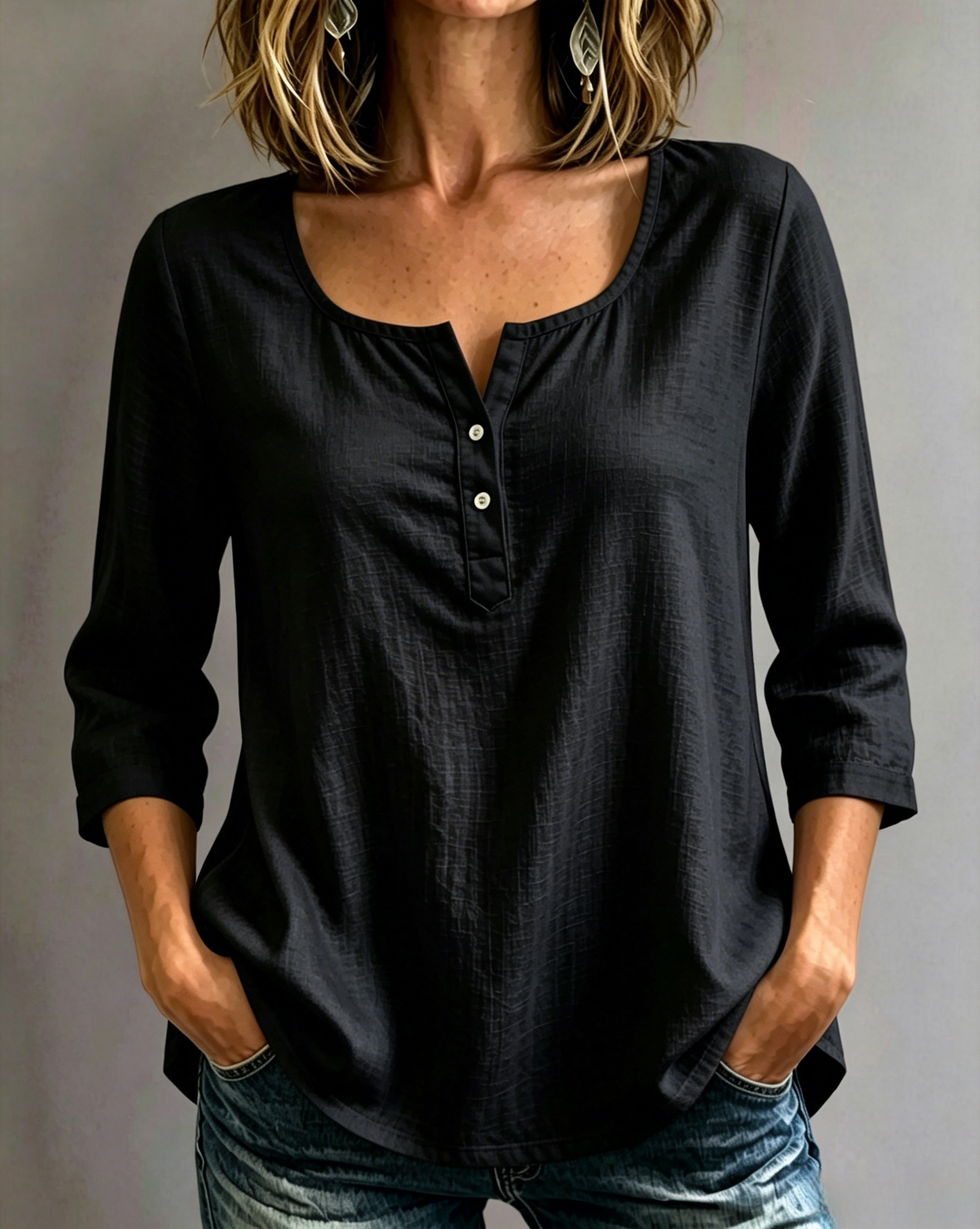 🔥CLEARANCE SALE🔥Women’s Cotton-Linen Split-Neck Three-Quarter Sleeve Top