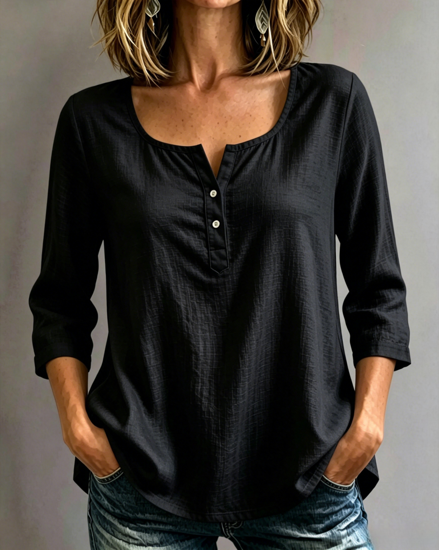 🔥CLEARANCE SALE🔥Women’s Cotton-Linen Split-Neck Three-Quarter Sleeve Top
