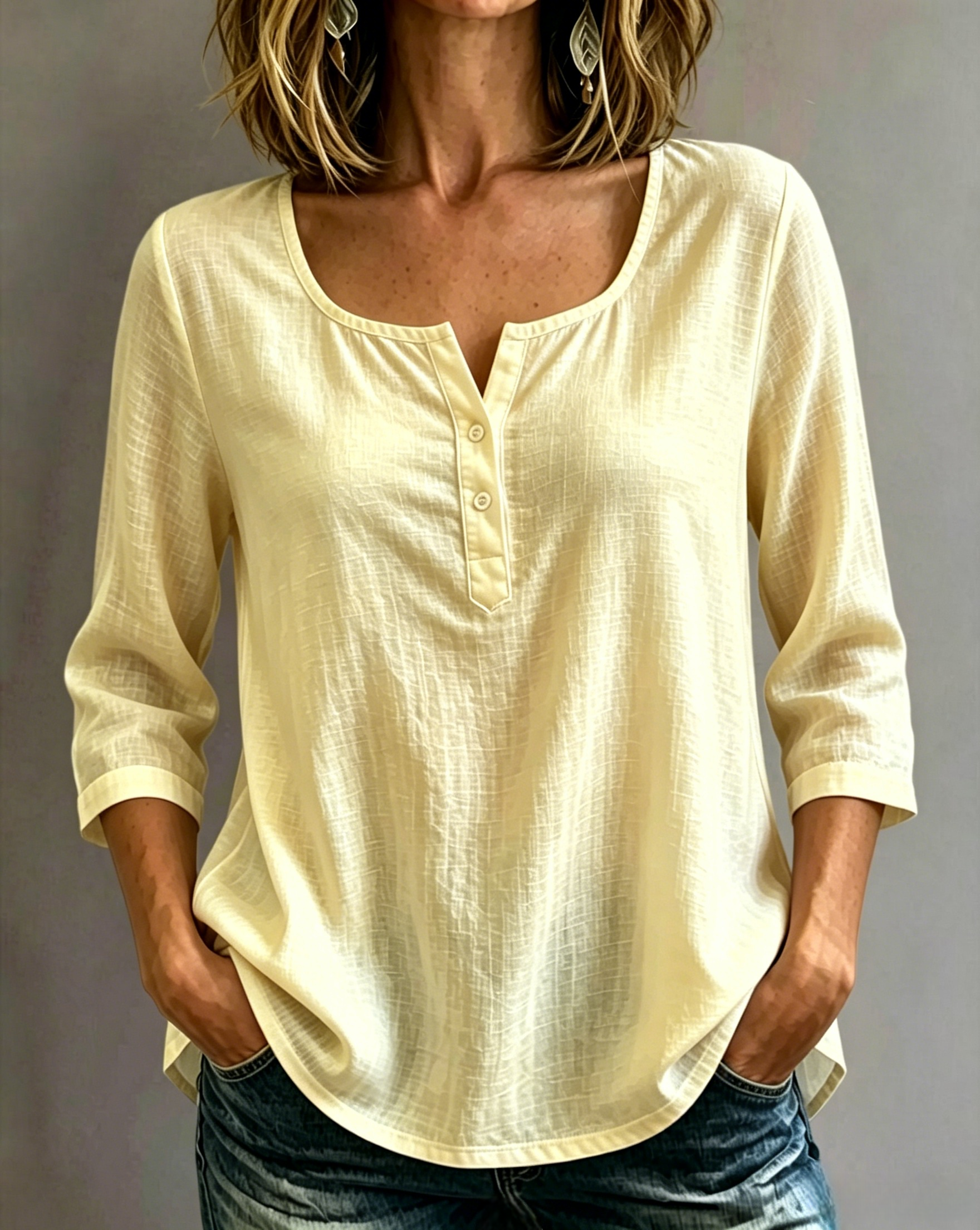 🔥CLEARANCE SALE🔥Women’s Cotton-Linen Split-Neck Three-Quarter Sleeve Top
