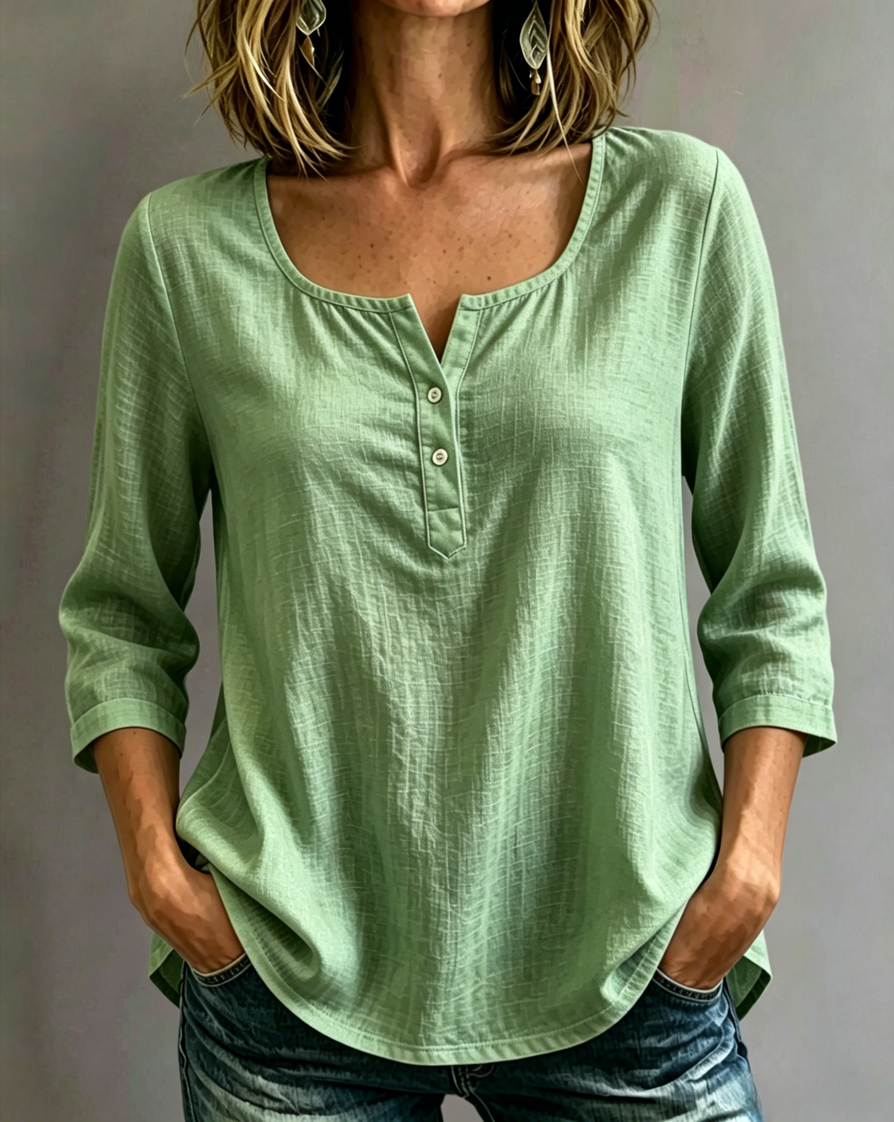 🔥CLEARANCE SALE🔥Women’s Cotton-Linen Split-Neck Three-Quarter Sleeve Top