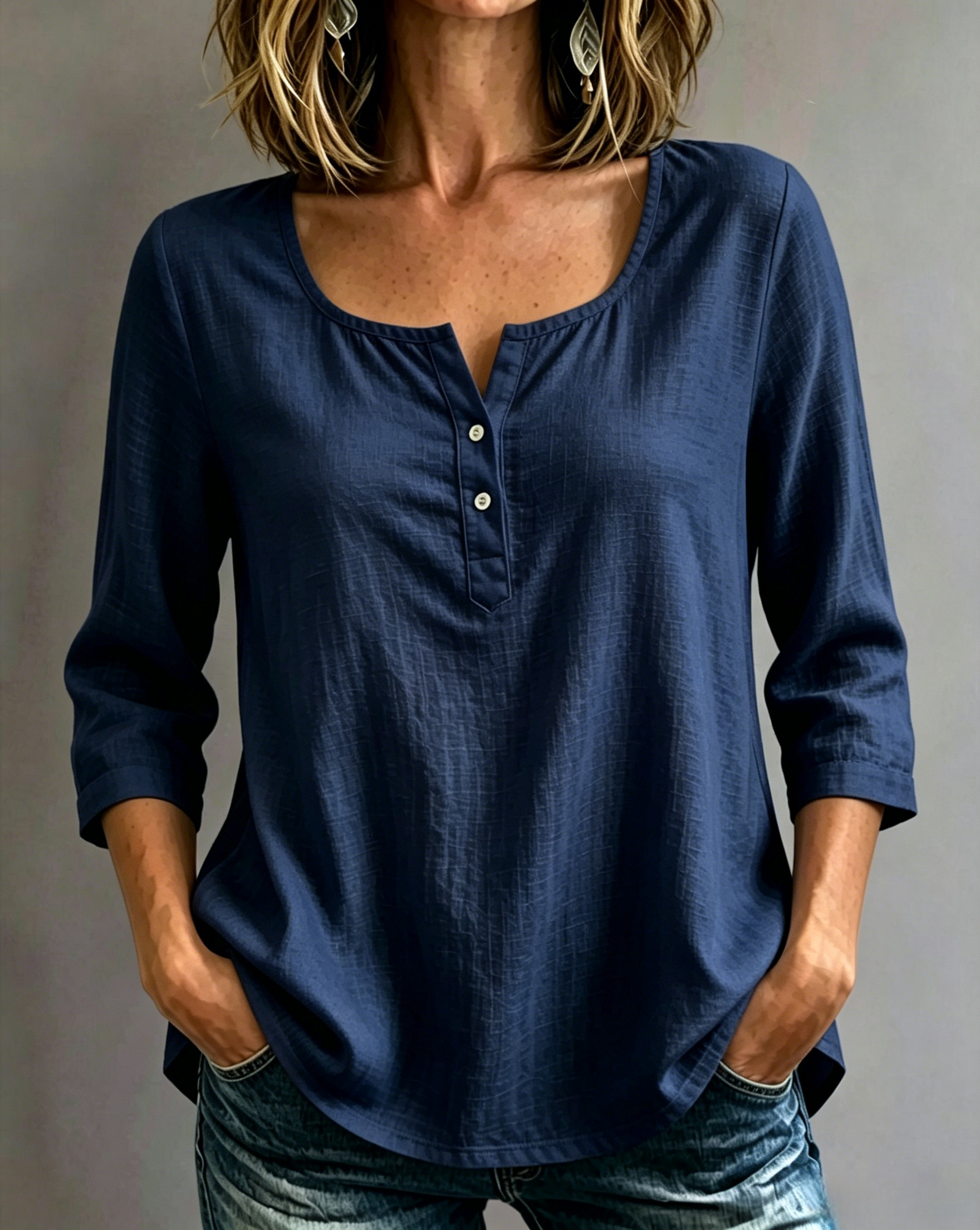 🔥CLEARANCE SALE🔥Women’s Cotton-Linen Split-Neck Three-Quarter Sleeve Top