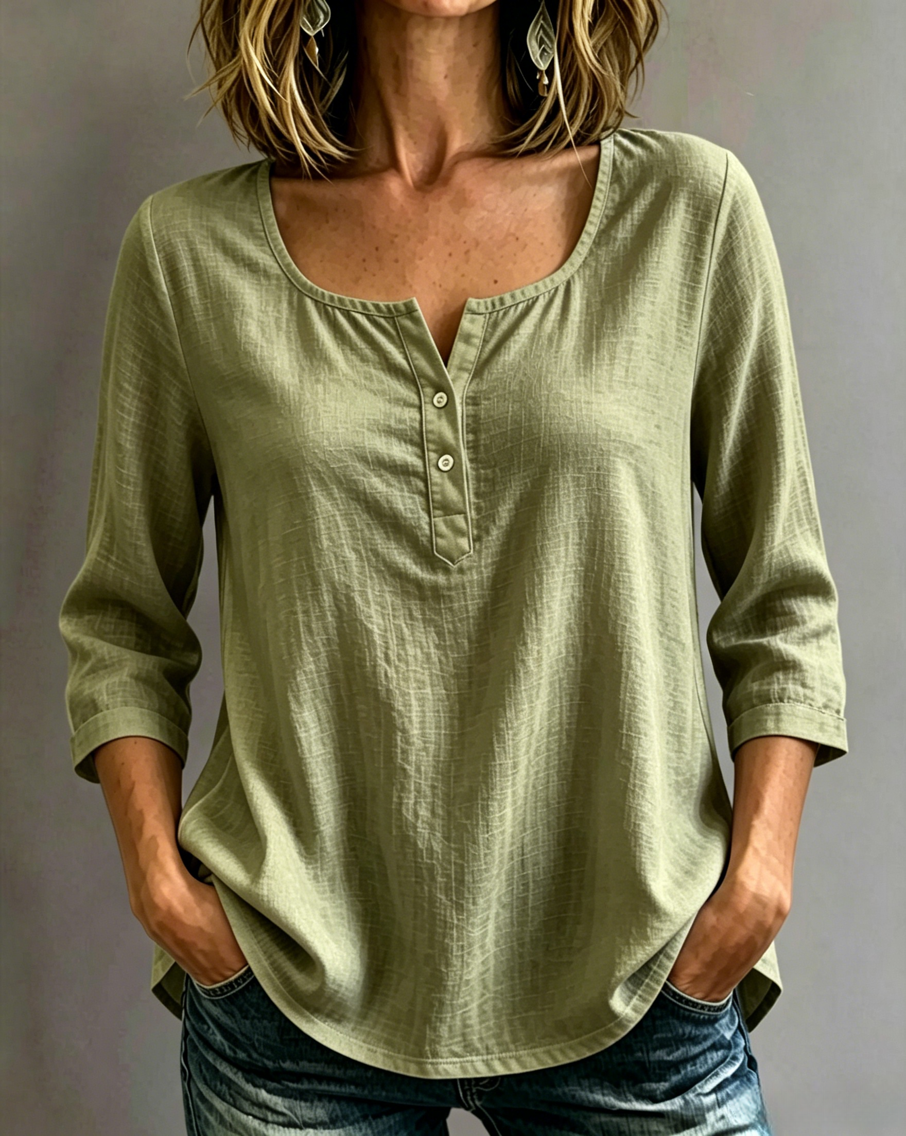 🔥CLEARANCE SALE🔥Women’s Cotton-Linen Split-Neck Three-Quarter Sleeve Top