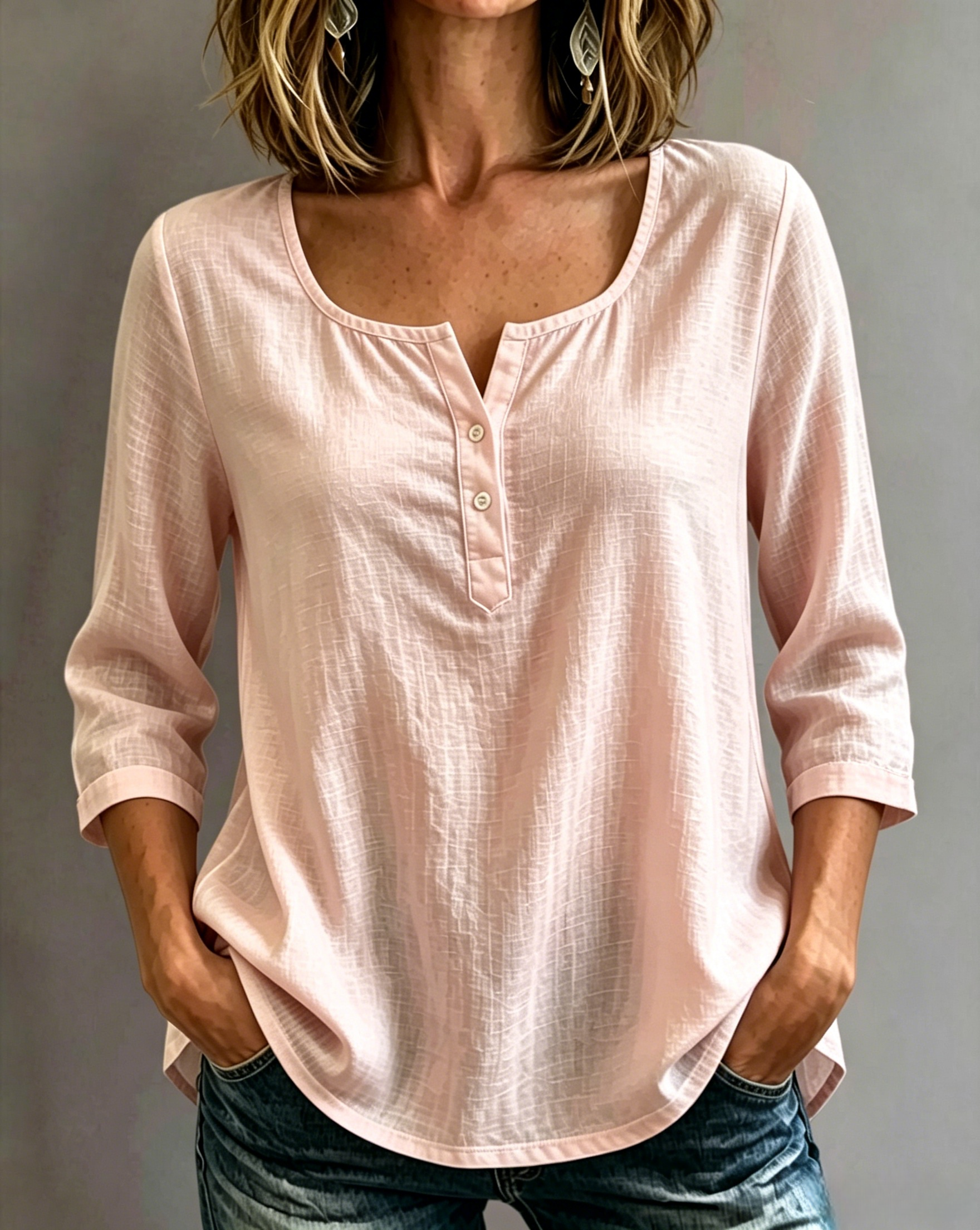 🔥CLEARANCE SALE🔥Women’s Cotton-Linen Split-Neck Three-Quarter Sleeve Top