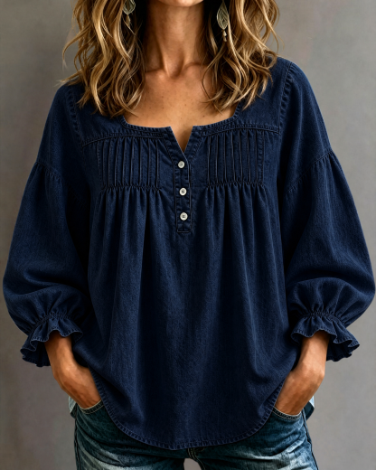CLEARANCE🔥 Women's Denim Ruched Square Neck Three-Quarter Sleeve Top