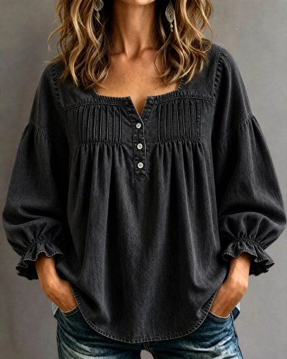 CLEARANCE🔥 Women's Denim Ruched Square Neck Three-Quarter Sleeve Top