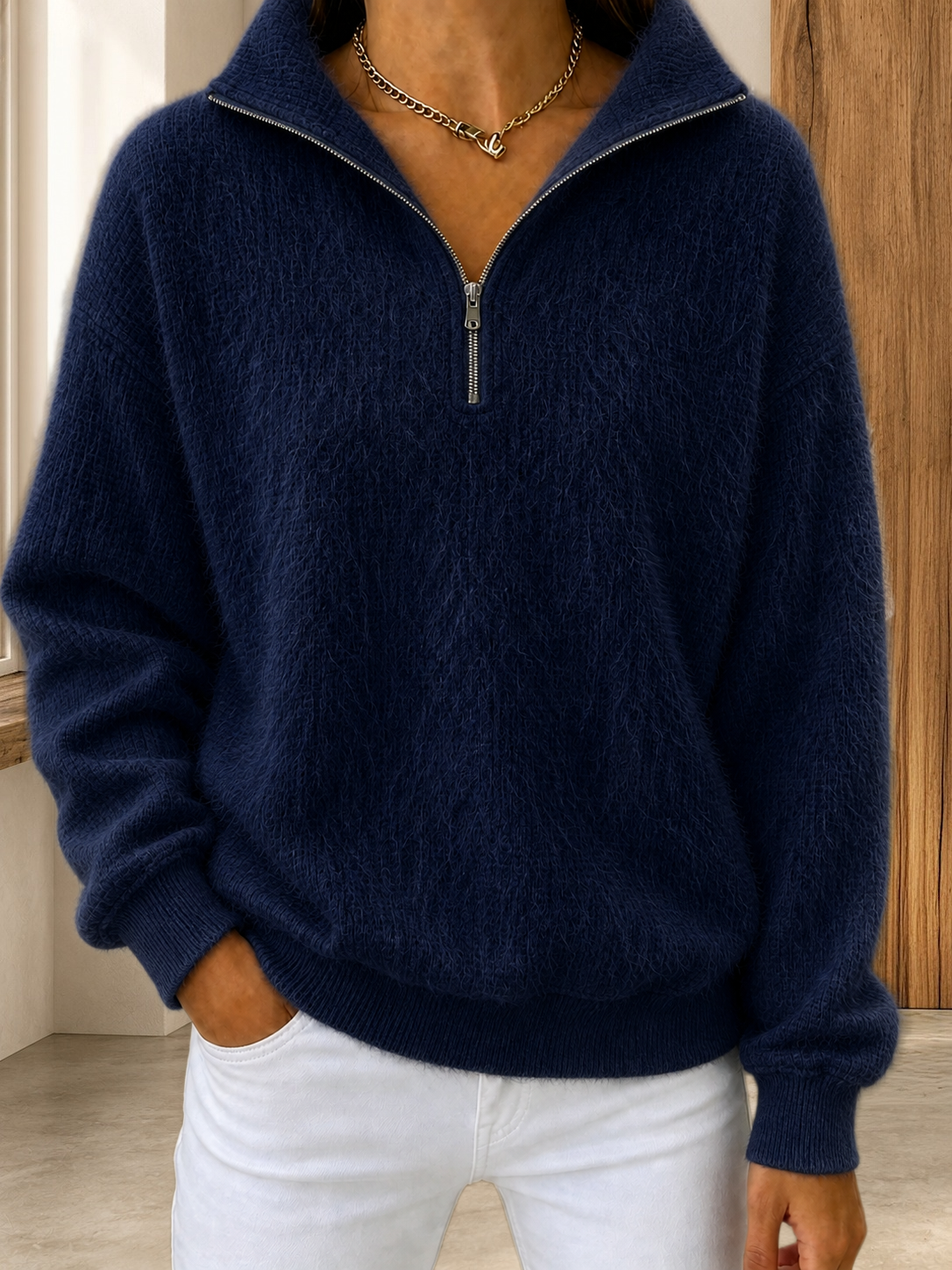 CLEARANCE SALE🔥Women's Fuzzy-Texture Half-Zip Wool Sweater