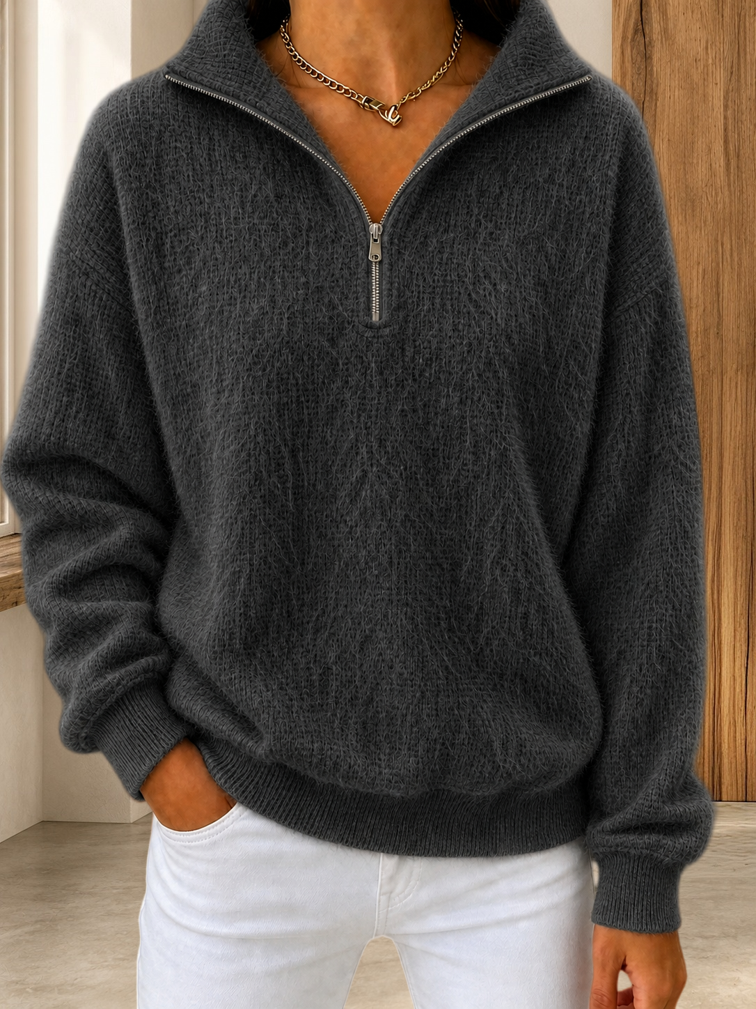 CLEARANCE SALE🔥Women's Fuzzy-Texture Half-Zip Wool Sweater
