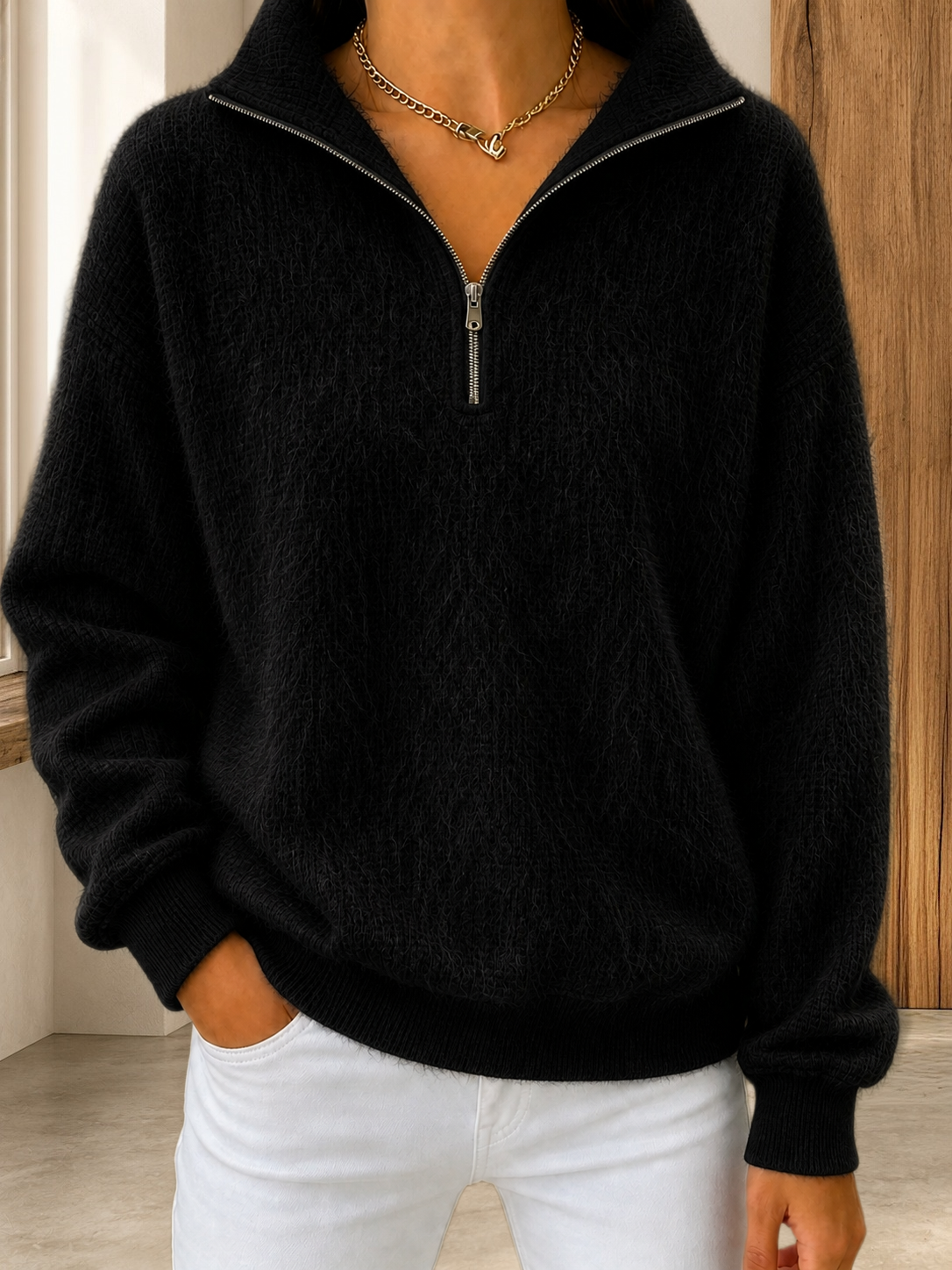 CLEARANCE SALE🔥Women's Fuzzy-Texture Half-Zip Wool Sweater