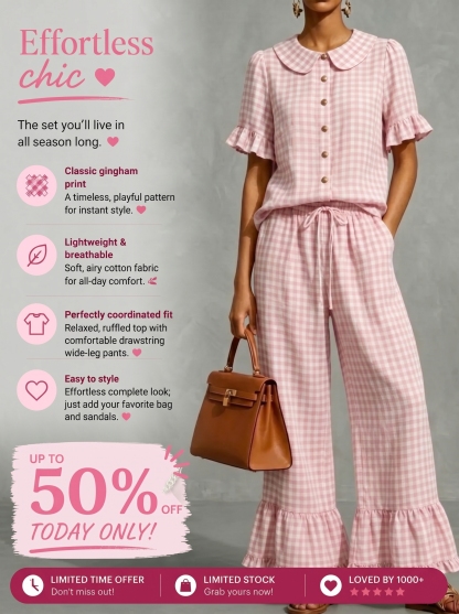 🔥Today 50% OFF🔥Women’s Gingham Collar Ruffle Short-Sleeve Set