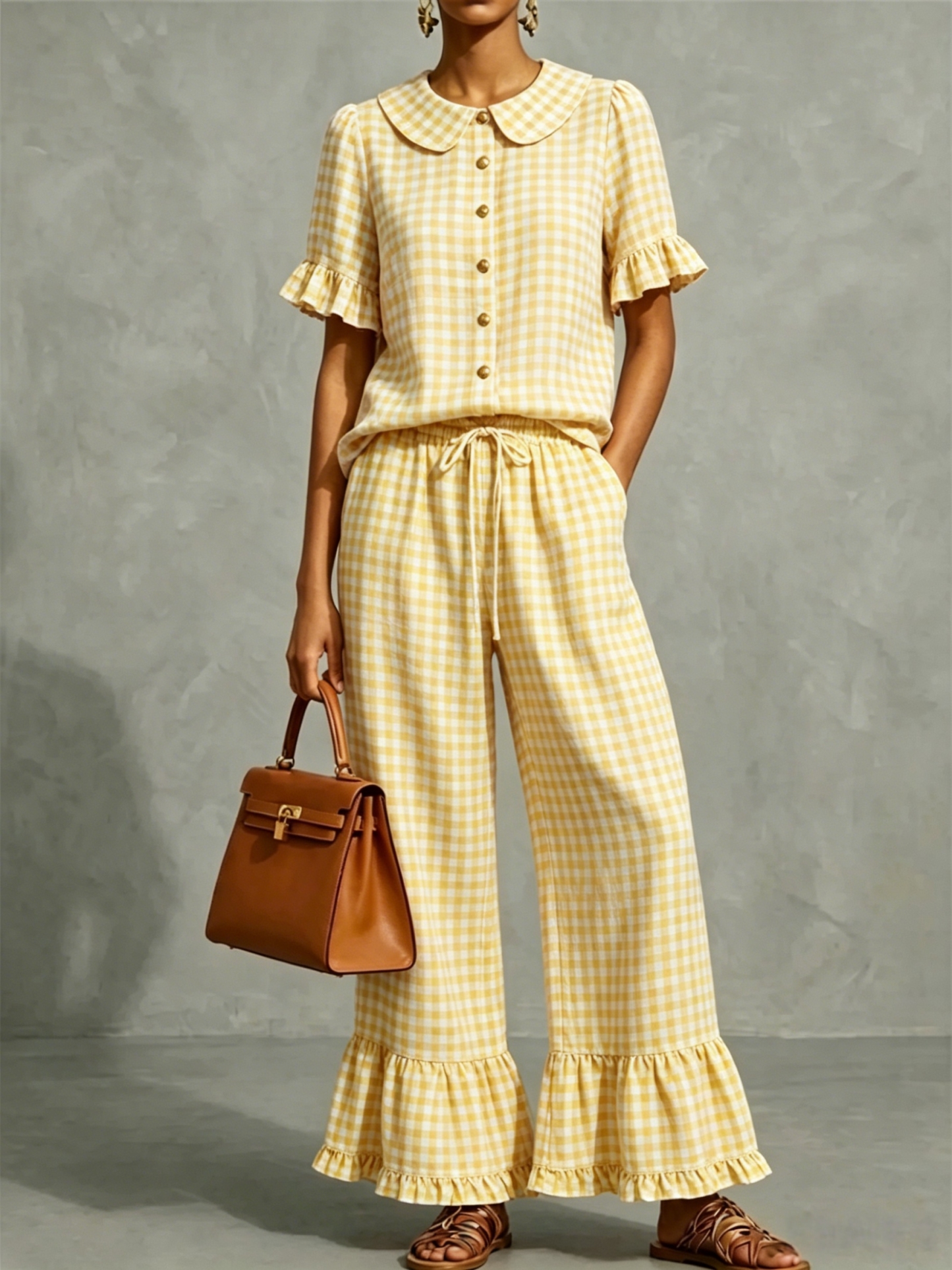 Women’s Gingham Collar Ruffle Short-Sleeve Set