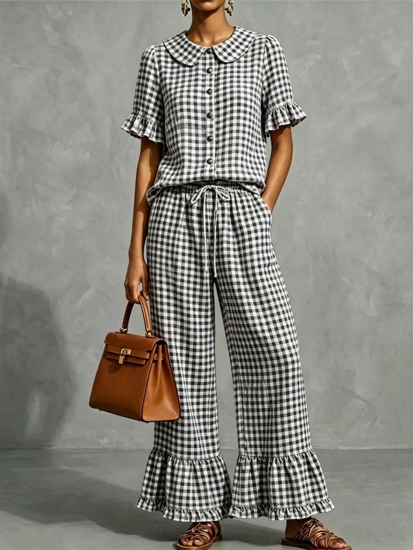 Women’s Gingham Collar Ruffle Short-Sleeve Set