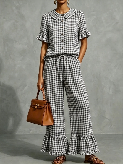 Women’s Gingham Collar Ruffle Short-Sleeve Set