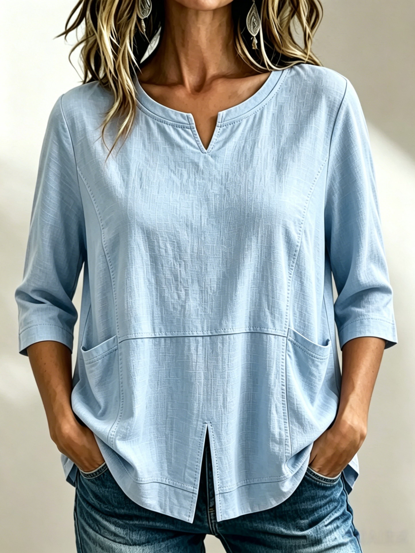 🔥CLEARANCE SALE🔥Women's Textured Cotton-Linen V-Neck Top