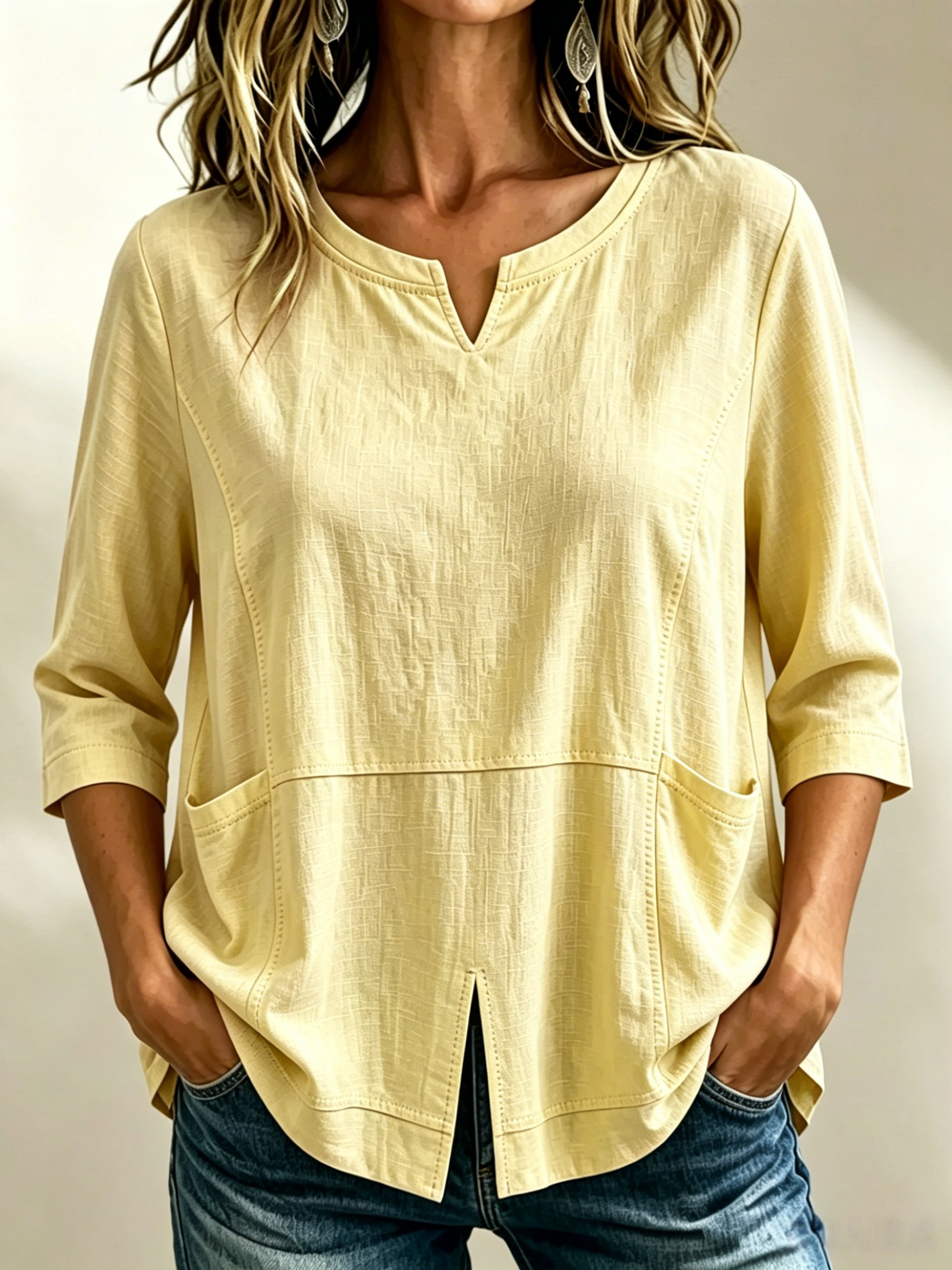 🔥CLEARANCE SALE🔥Women's Textured Cotton-Linen V-Neck Top