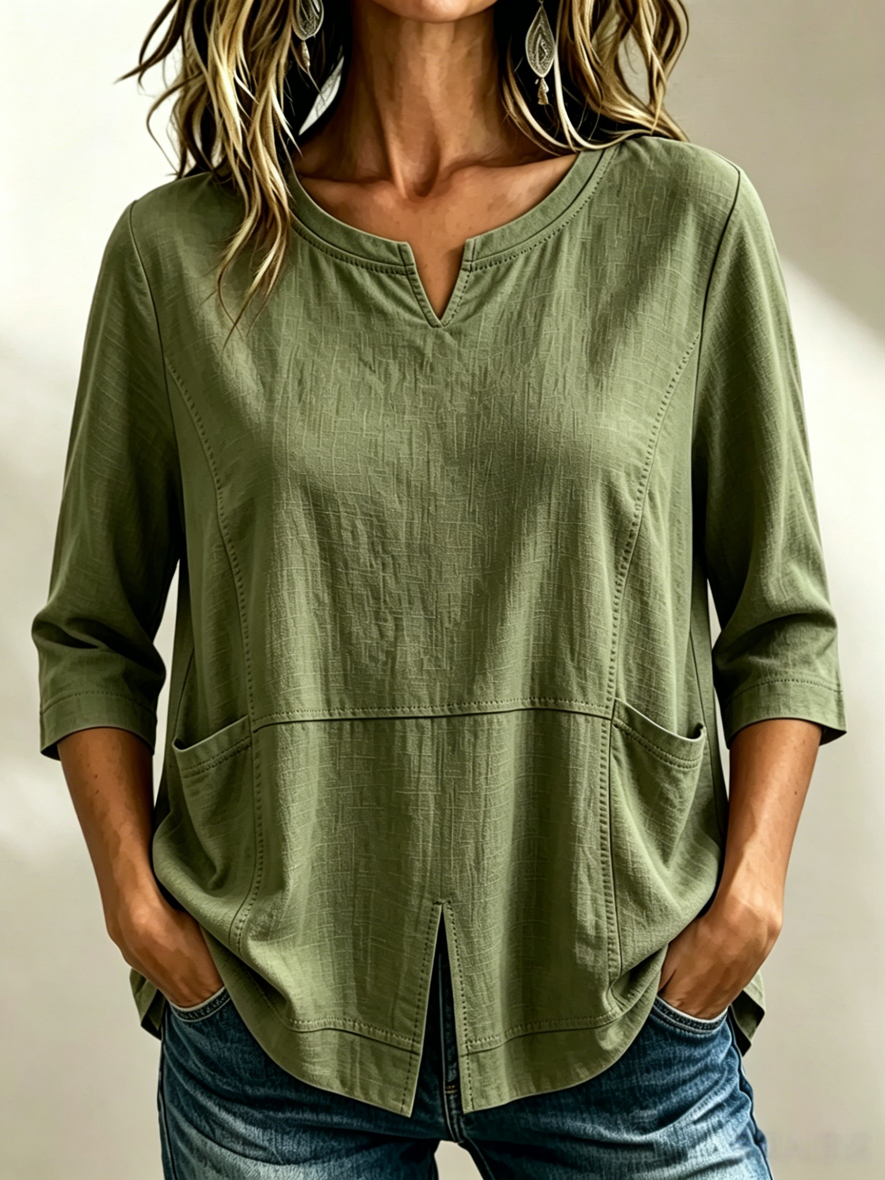 🔥CLEARANCE SALE🔥Women's Textured Cotton-Linen V-Neck Top
