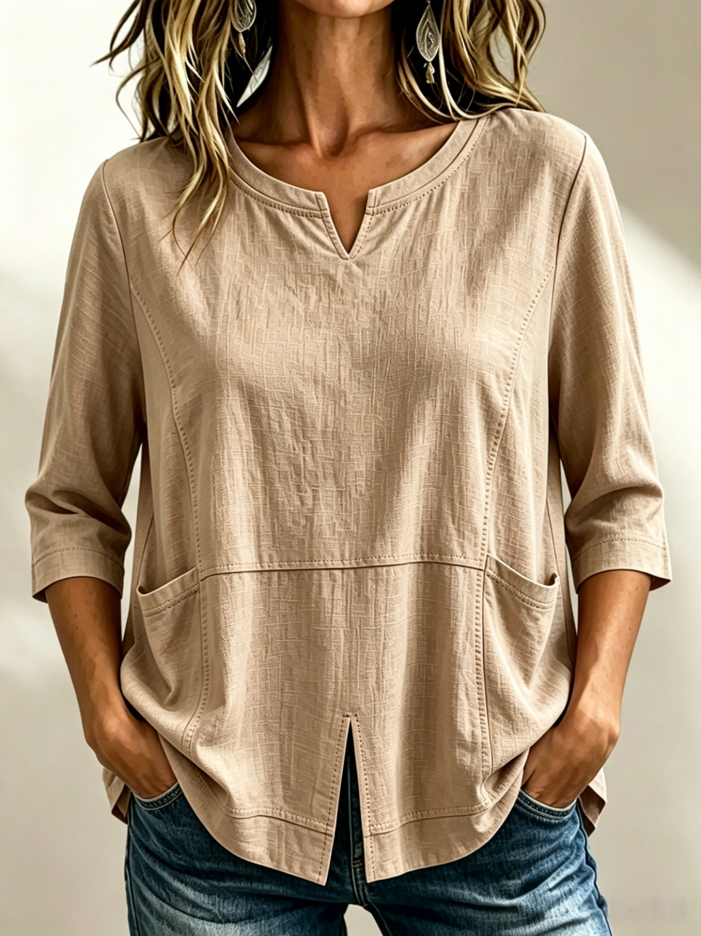 🔥CLEARANCE SALE🔥Women's Textured Cotton-Linen V-Neck Top